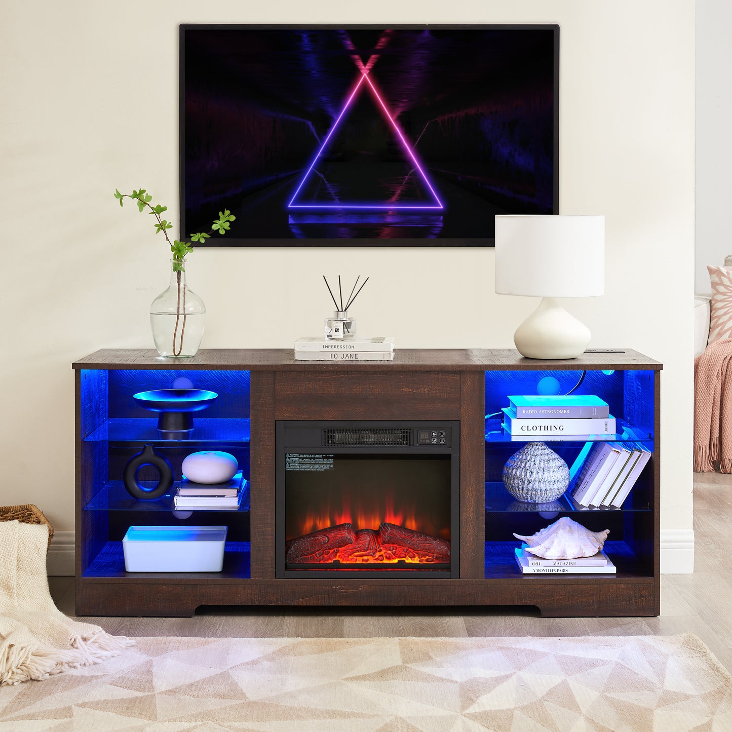 58 Inches Electric Fireplace TV Stand with Glass Shelves, 3D TV Stand with LED Lights, USB Charging Outlet, Modern Media Entertainment Center Console Table for TV up to 62", Black