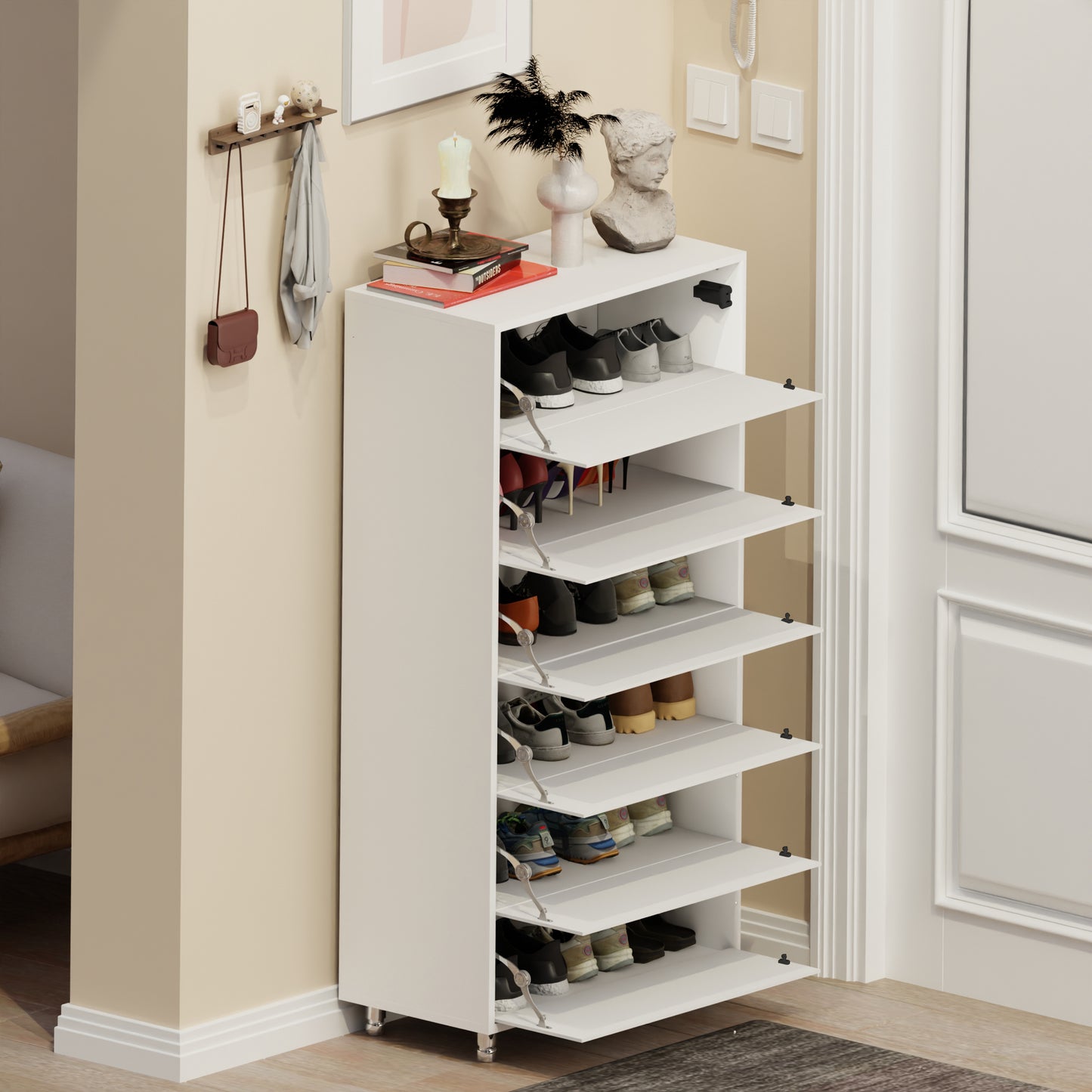 Mirror Shoe Cabinet With 6 Flip Drawers, Mirror Shoe Rack Organizer Store 25 Pair Shoes, Mirror Shoe Storage With 4 Metal Legs, Wood Shoe Storage Organizer for Hallway Bedroom Living Room, White