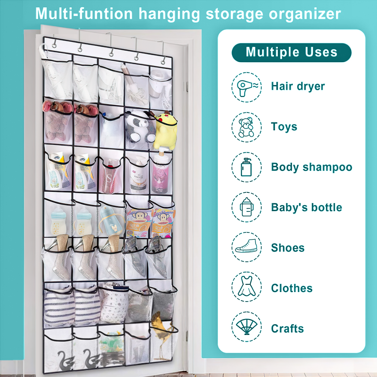 SPORTS JOY 35 Pockets Over the Door Shoe Organizer, Hanging Shoe Organizer for Door with 35 Mesh Pockets Large Capacity Shoe Hanging Storage Bag with 4 Metal Hooks (White)