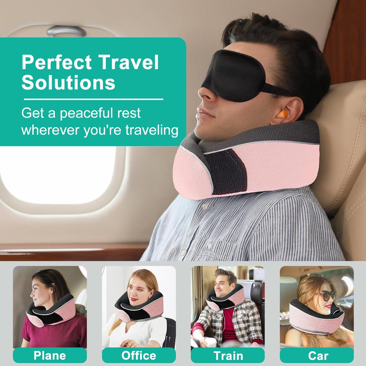 Travel Pillow, Memory Foam Travel Neck Pillow, Adjustable 360° Ergonomic Support Function for Travel with Pillow, Mask, Earplugs, Storage Bag