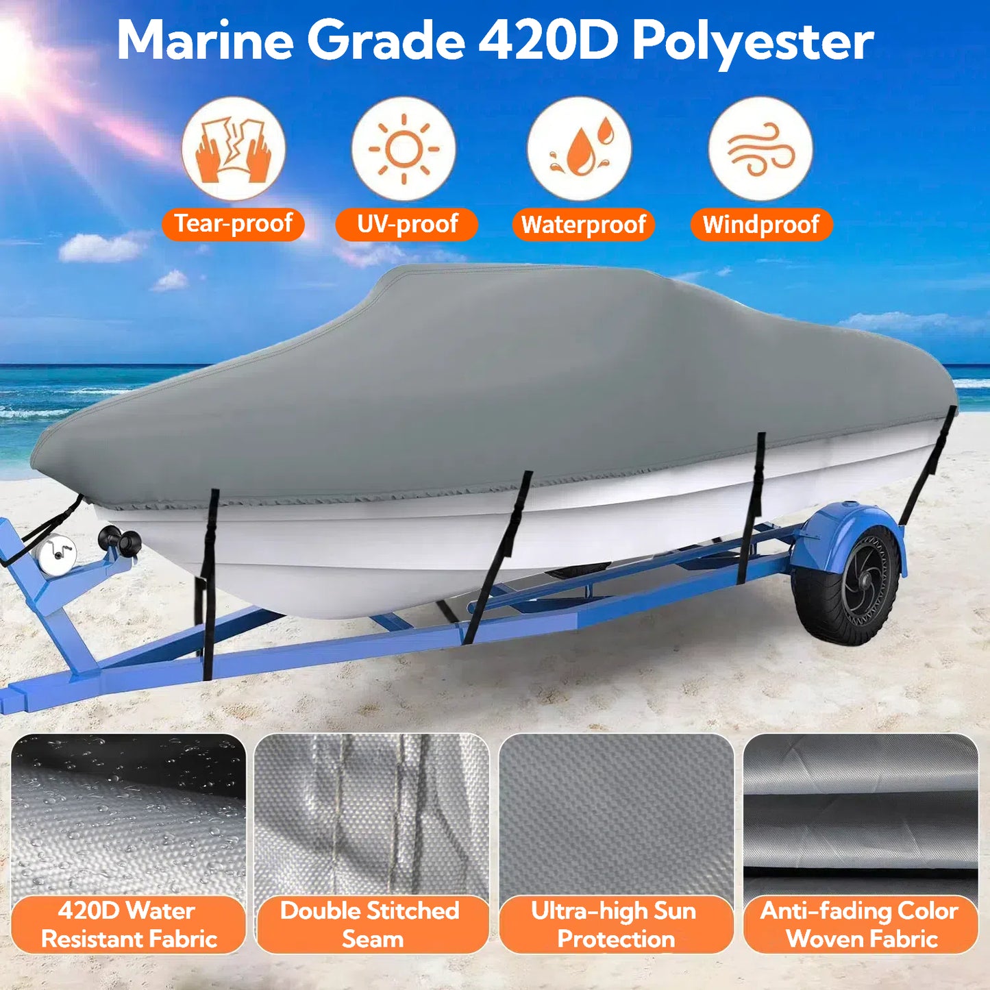 Teblint Waterproof Boat Cover, 17-19ft Trailerable Boat Cover, 420D Heavy Duty Oxford Mooring Cover for V-Hull Boat Runabouts with 5 Straps, Storage Bag (Gray)