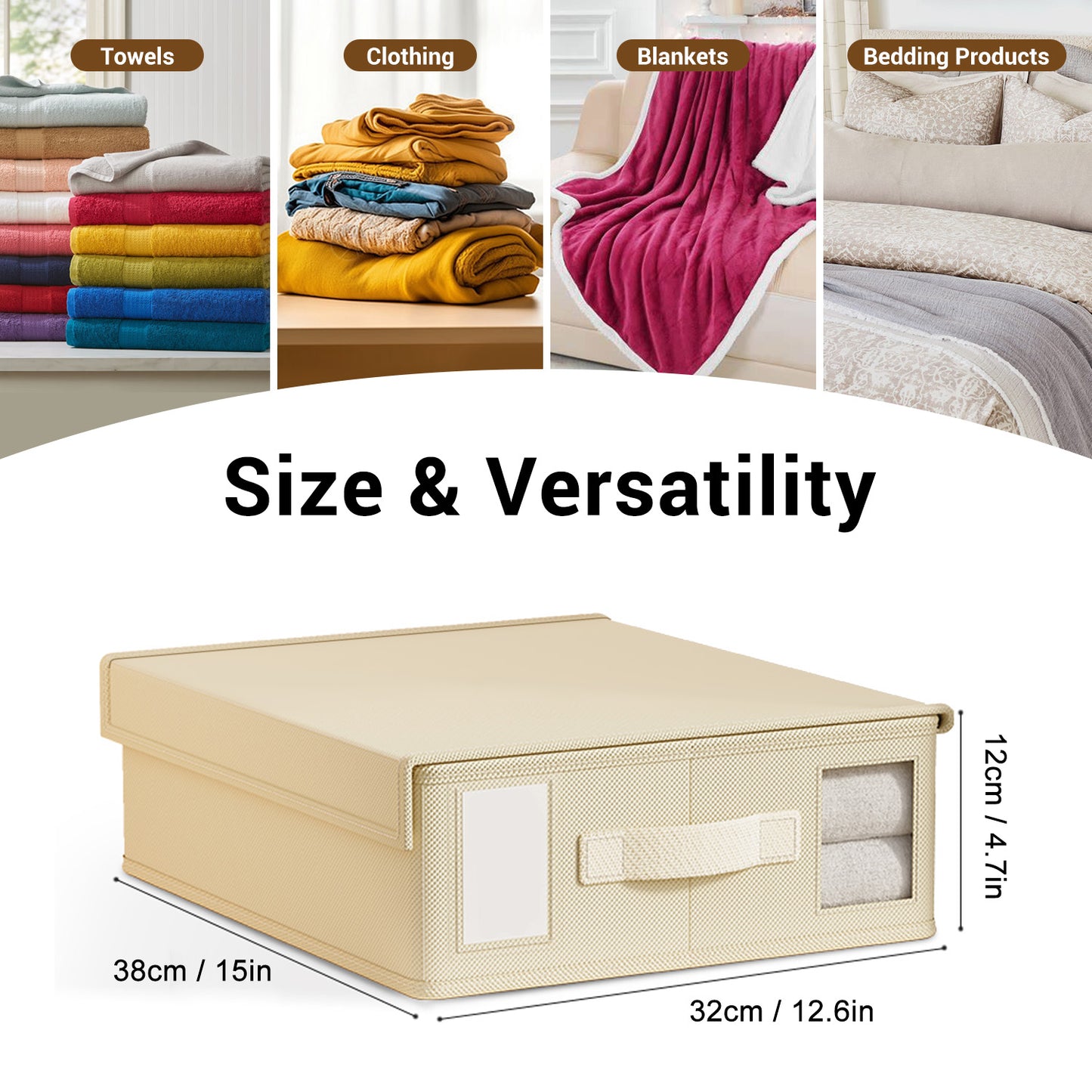 SPORTS JOY 4Pack Bed Sheet Organizer and Storage, Foldable Linen Closet Organizer and Storage with Window, Sheet Storage Organizer for Bedsheets, Blankets and Towel, Duvet Covers (Beige)