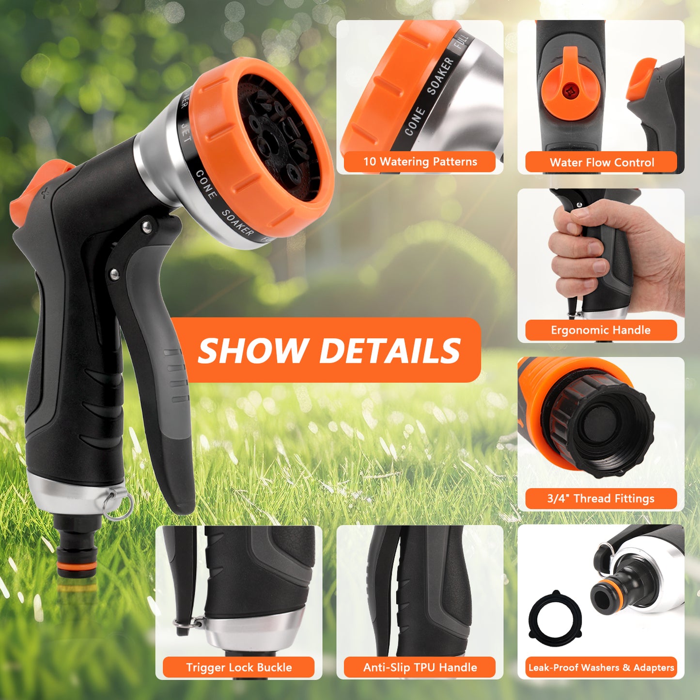 Teblint Garden Hose Nozzles 2 Pack, Heavy-Duty Water Hose Nozzle with Flow Control, Adjustable Garden Sprayer with 10 Spray Patterns for Garden Watering, Car Washing, Window Cleaning, Pets Bathing