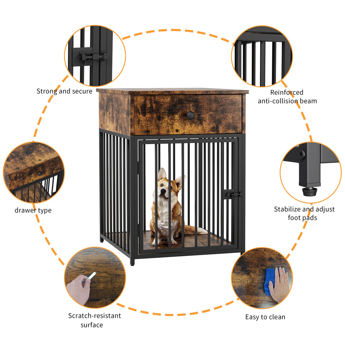 Wooden Dog Kennel End Table, Decorative Dog Cage Table with Drawer, Indoor Pet Crate End Table for Small Dog, Iron-Tube Dog Cage, Chew-Proof, Walnut
