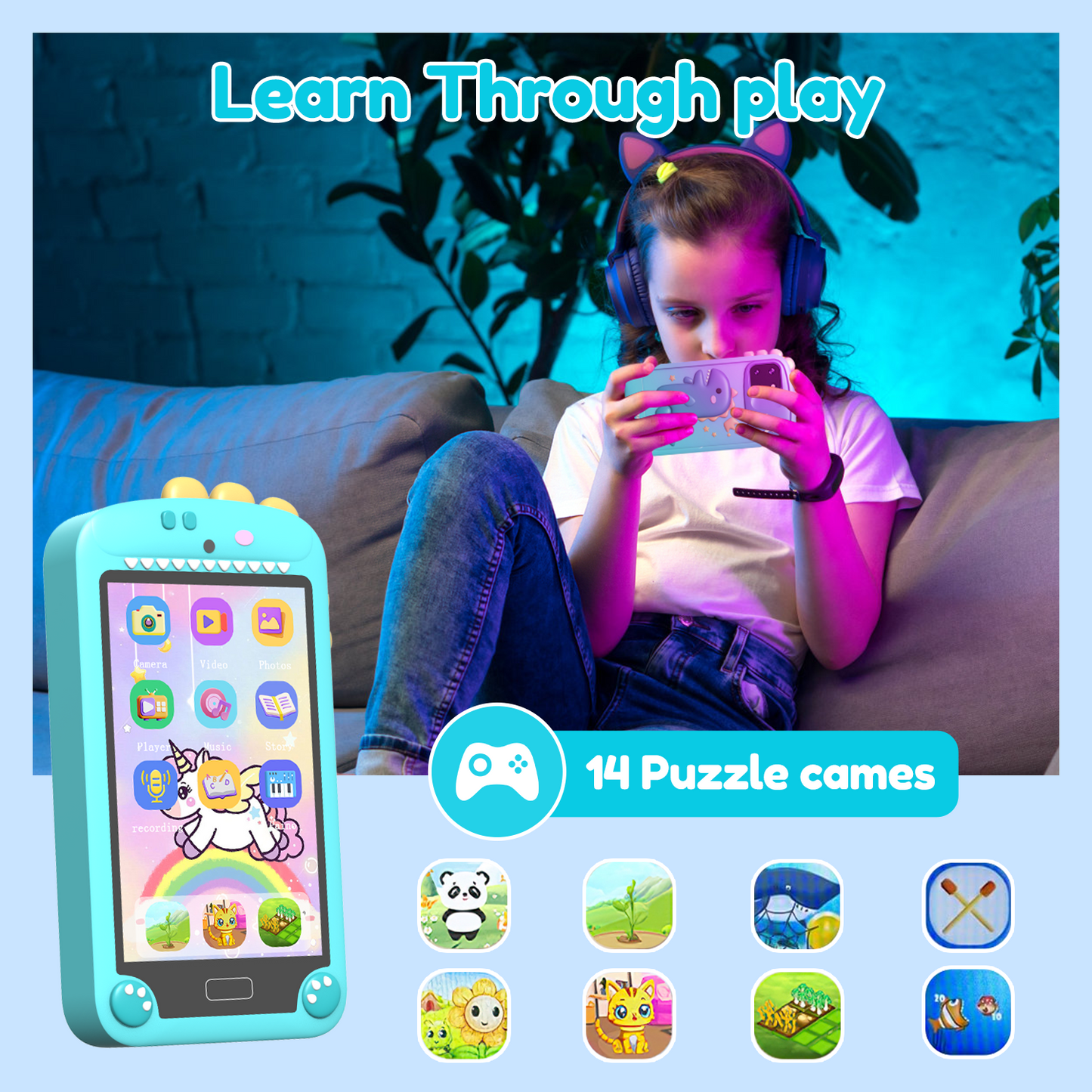 Hoofun Kids Smart Phone for Boys with 4.0" Large Touchscreen, 32G Card for Age 3-10 Kids Toys Cell Phone with Holographic Pyramid, Toddler Learning Toy, Dual Lens, Music Player