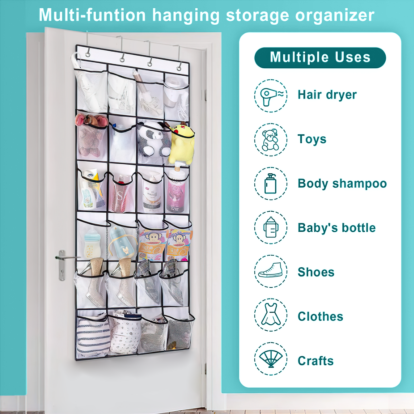 SPORTS JOY 24 Pocket Over the Door Shoe Organizer with 4 Metal Hooks, Breathable Mesh Hanging Shoe Organizer, Hanging Storage Bag for Store Shoes, Toys, Cosmetics, Jewelry, Miscellaneous Items(White)