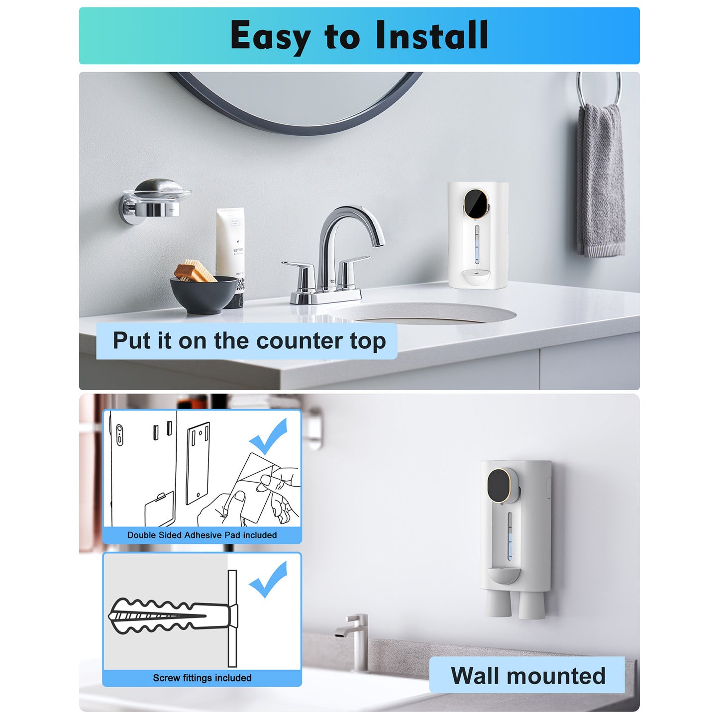 Automatic Mouthwash Dispenser for Bathroom, 18.26 Oz Smart Mouthwash Dispenser for Kids Adult, with Magnetic Cups, 3 Dispensing Levels, USB Charging, Wall Mounted,No Drilli