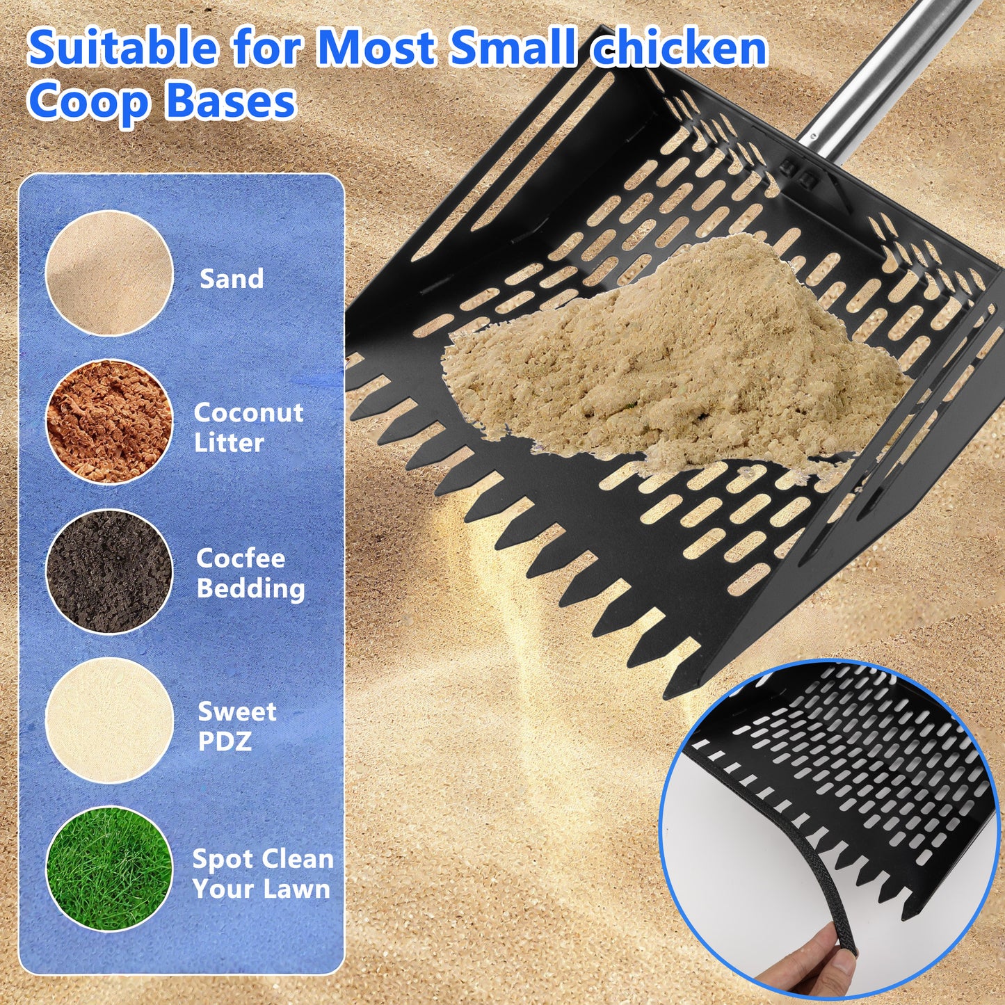Metal Chicken Poop Scooper, 24 to 68" Long Chicken Coop Litter Scoop with Stainless Steel Handle, 4 in 1 Multifunctional Heavy Duty Litter Sifting Shovel Chicken Coop Accessories