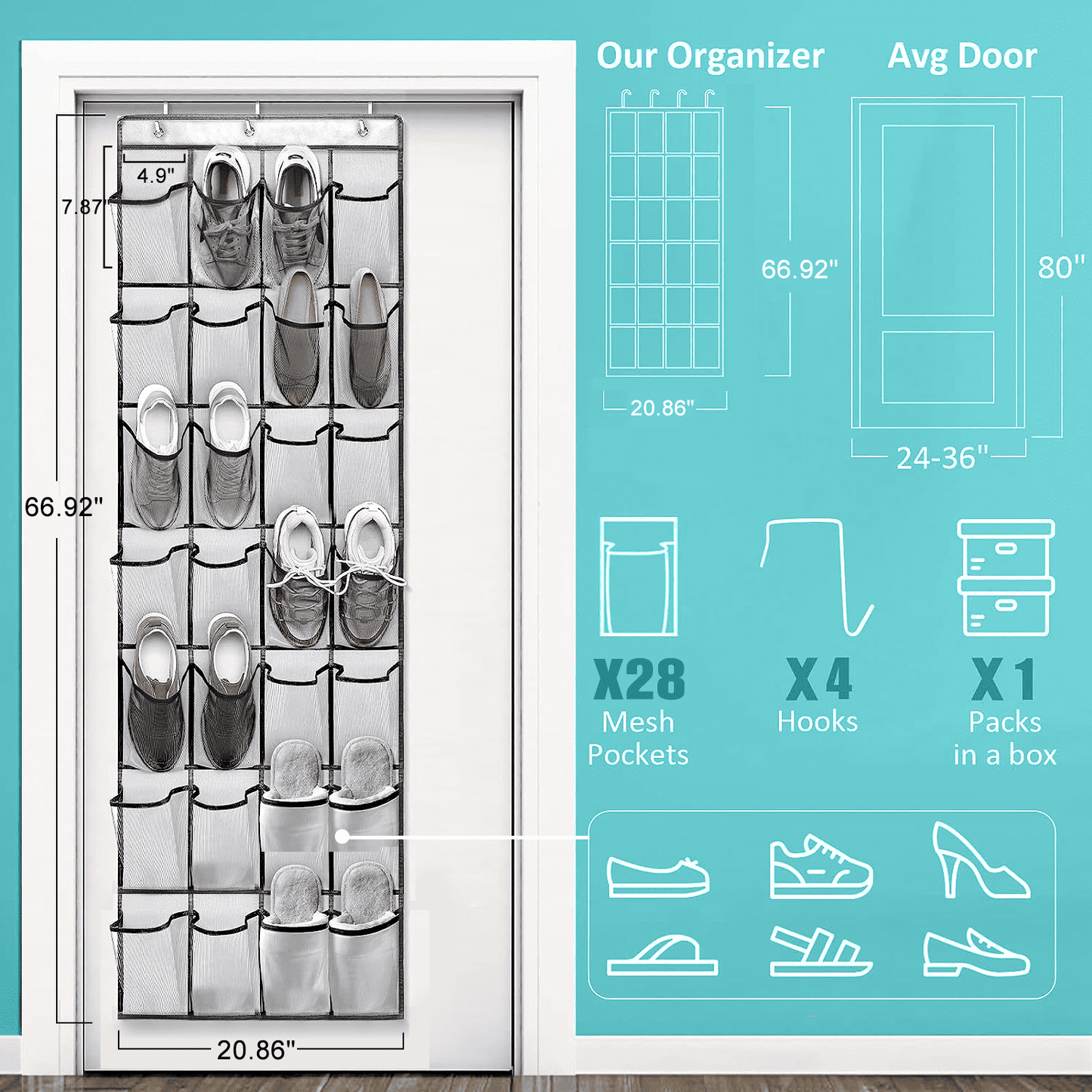 SPORTS JOY Over The Door Shoe Organizer, 28 Mesh Pockets, Holds Up to 50 lbs, Anti-scratch Heavy-duty Hooks, Shoe Storage (White)