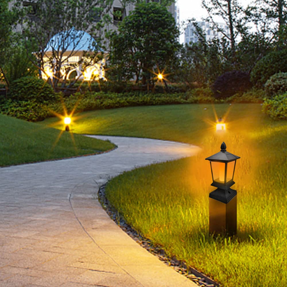 PUCACHI Solar Post Flame Lights, Outdoor Deck Fence Post Top LED Lights with Flickering Flame, Waterproof for Garden, Deck, Aisle, Porch Decoration (2 Pack)
