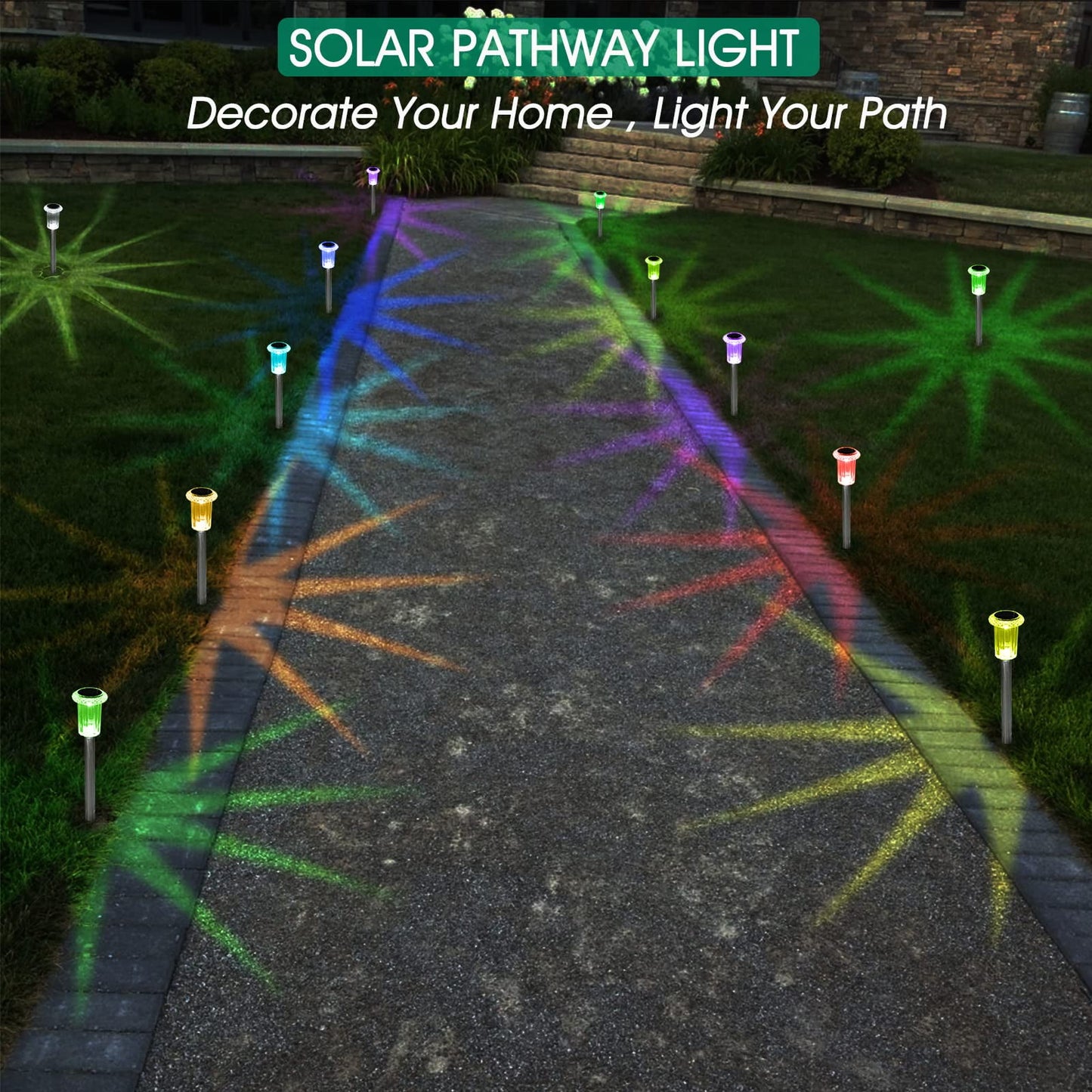 10 Pack Outdoor Solar Lights Solar Path Lights LED Waterproof Stainless Steel Driveway Lighting for Outdoor, Yard, Walkway, Sidewalk, Garden, Lawn (Colorful)