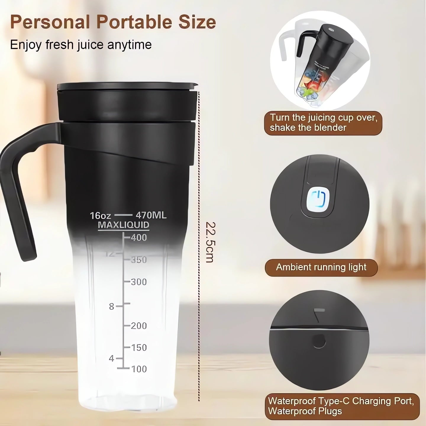 Portable Blender, 16 Oz Personal Size Blender USB Rechargeable for Shakes and Smoothies Portable Juicer, Mini Blender with 6 Blades for Sports/Travel/Home/Gym/Office, Black