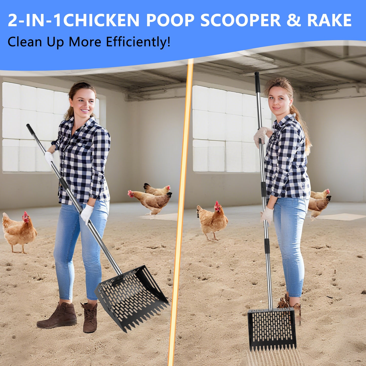 Metal Chicken Poop Scooper, 24 to 68" Long Chicken Coop Litter Scoop with Stainless Steel Handle, 4 in 1 Multifunctional Heavy Duty Litter Sifting Shovel Chicken Coop Accessories