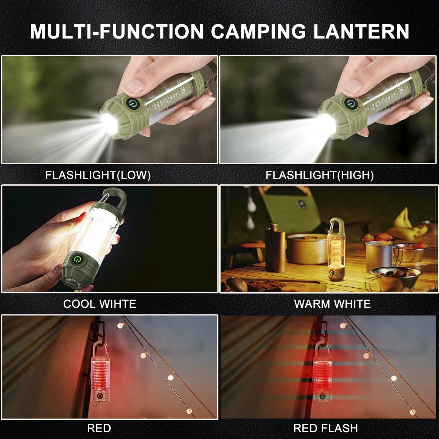 Teblint LED Camping Lantern Rechargeable, 6 Modes Camping Light with Flashlight, Solar Tent Lights, 2 in 1 LED Flash Light with Electric Lantern Failure Emergency Survival Kits, Camping Essentials