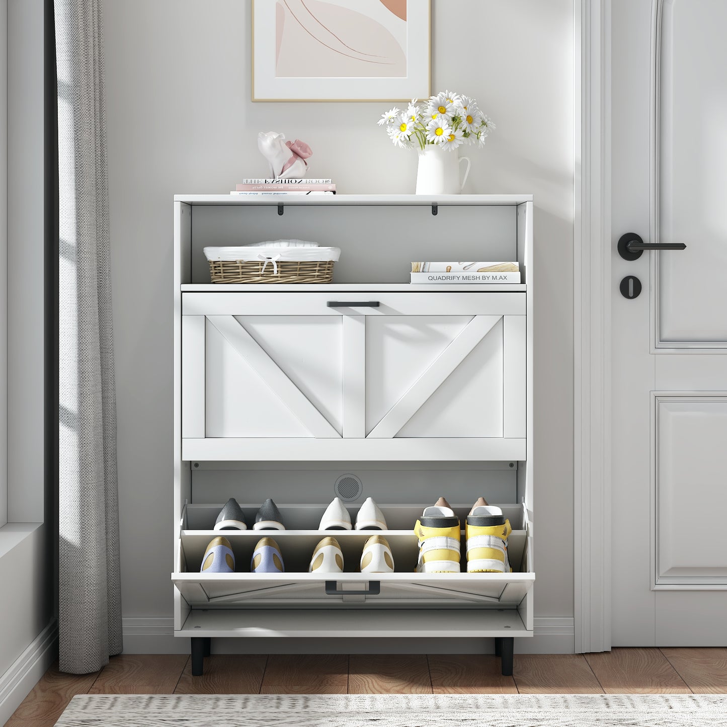 Farmhouse Shoe Storage Cabinet with Barn Door Design, Shoe Organizer with 2 Flip Drawers, Freestanding Narrow Shoe Rack Cabinet with Open Storage for Entryway,Foyer,Hallway (Antique White)