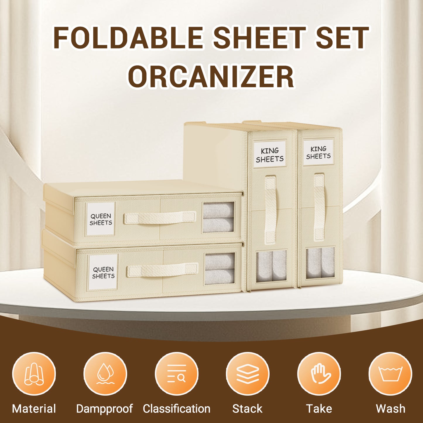 SPORTS JOY 4Pack Bed Sheet Organizer and Storage, Foldable Linen Closet Organizer and Storage with Window, Sheet Storage Organizer for Bedsheets, Blankets and Towel, Duvet Covers (Beige)