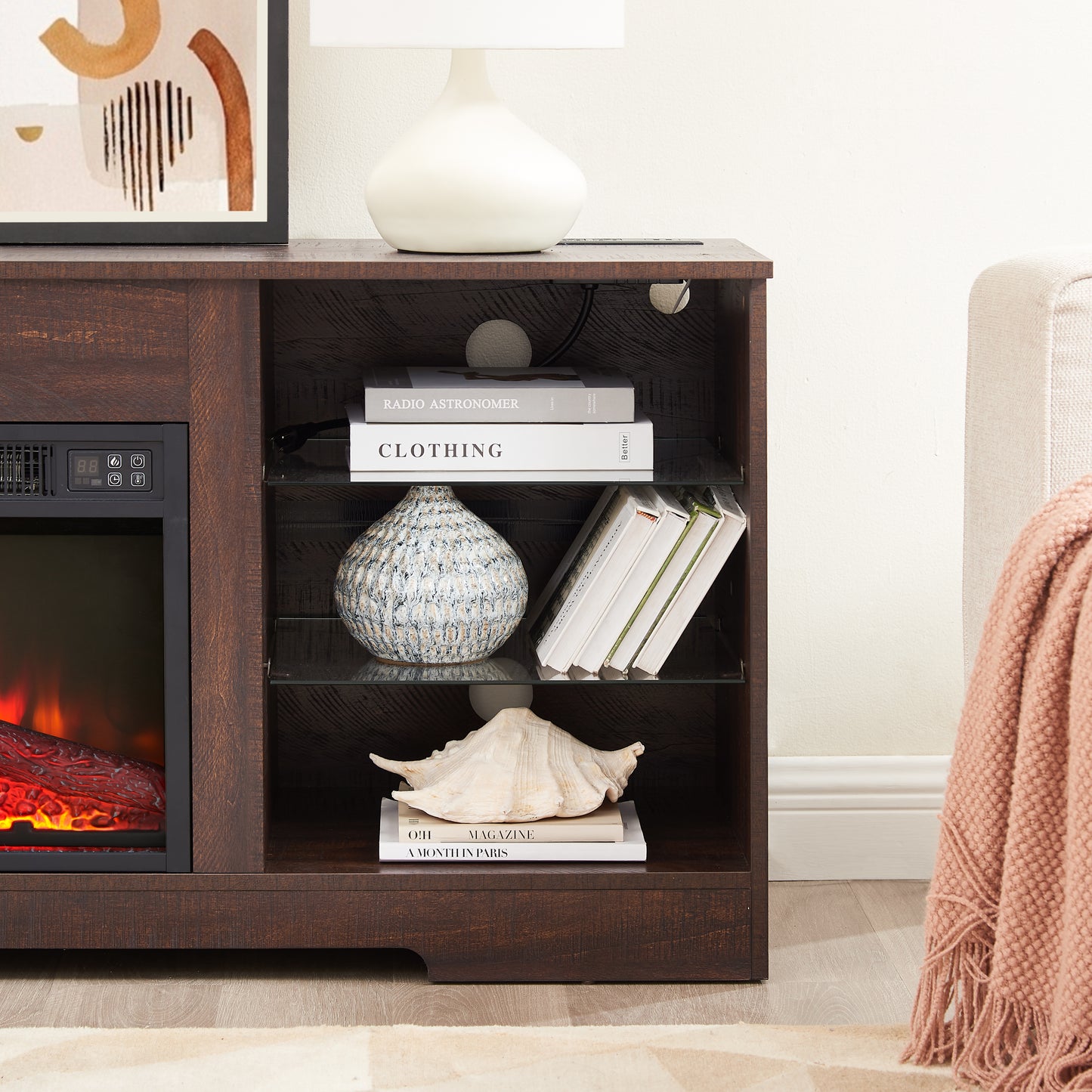 58 Inches Electric Fireplace TV Stand with Glass Shelves, 3D TV Stand with LED Lights, USB Charging Outlet, Modern Media Entertainment Center Console Table for TV up to 62", Black