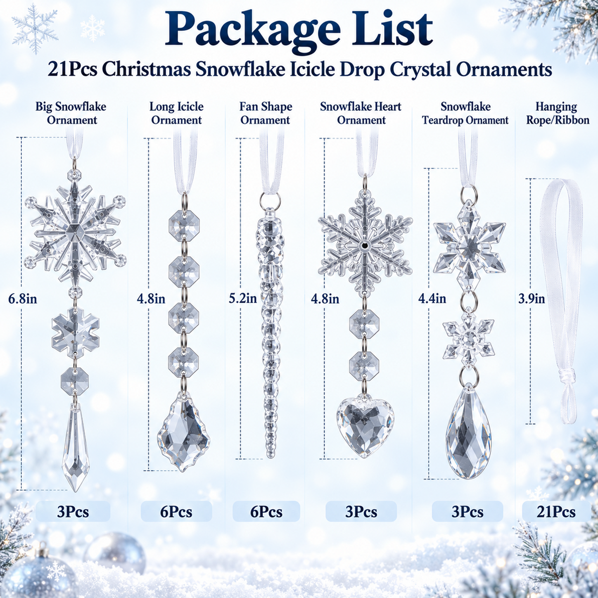 Christmas Decoration Crystal Ornaments, 21Pcs Acrylic Hanging Ornaments, Snowflake Icicle Drop Shaped Decorations for Christmas Tree, Winter Holiday Party