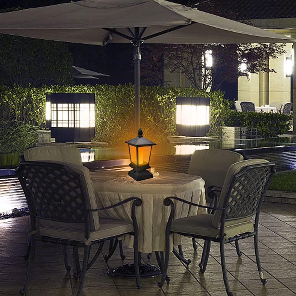 PUCACHI Solar Post Flame Lights, Outdoor Deck Fence Post Top LED Lights with Flickering Flame, Waterproof for Garden, Deck, Aisle, Porch Decoration (2 Pack)