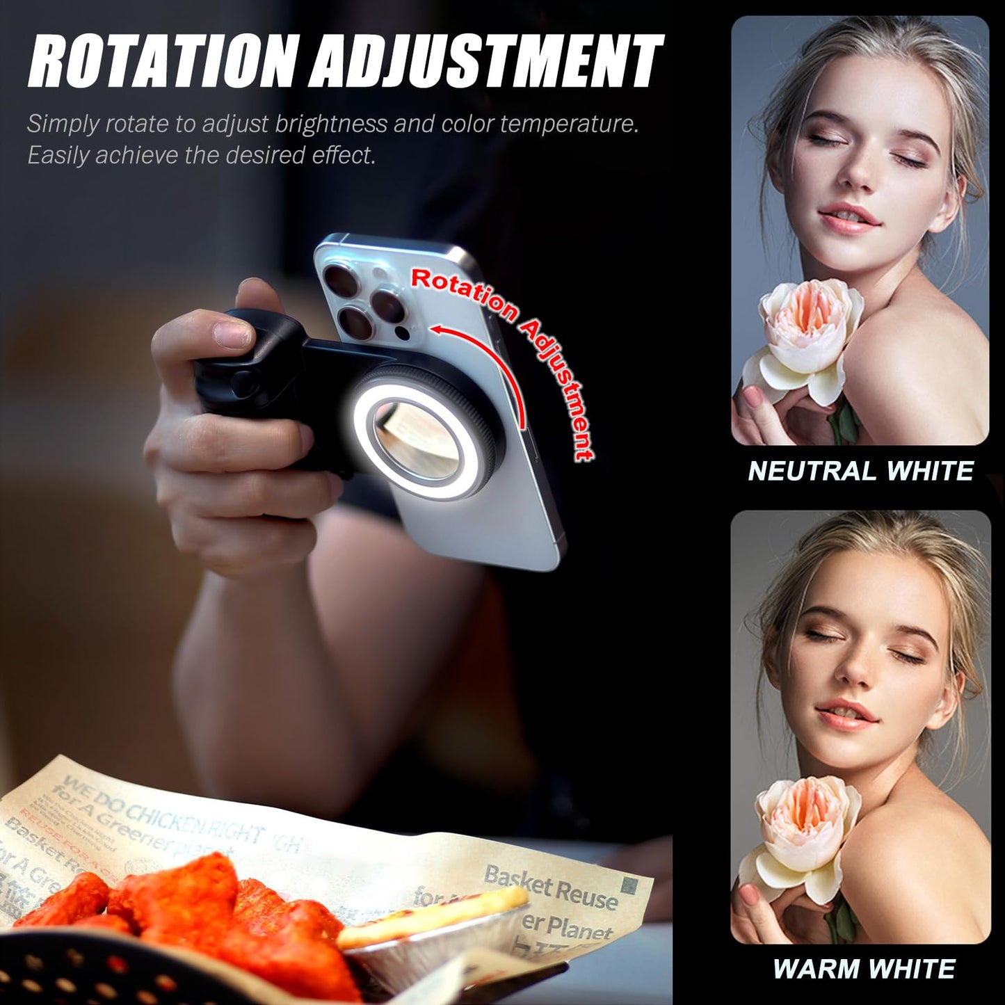 PUCACHI Magnetic Selfie Ring Light with Bluetooth Remote - Rechargeable Snap Grip Handle for iPhone, Smartphone Video/Photo Shooting Accessory