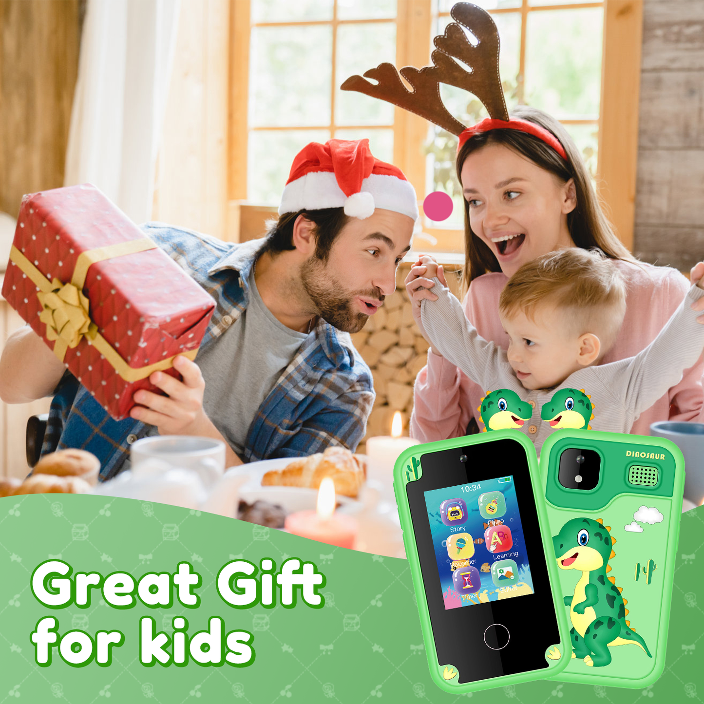 WHATOOK Kids Smart Phone, 32G Card Christmas Birthday Gifts for Age 3-10 Kids Toys Cell Phone, 2.8" Touchscreen Toddler Learning Play Toy, Dual Camera, Music Player Green