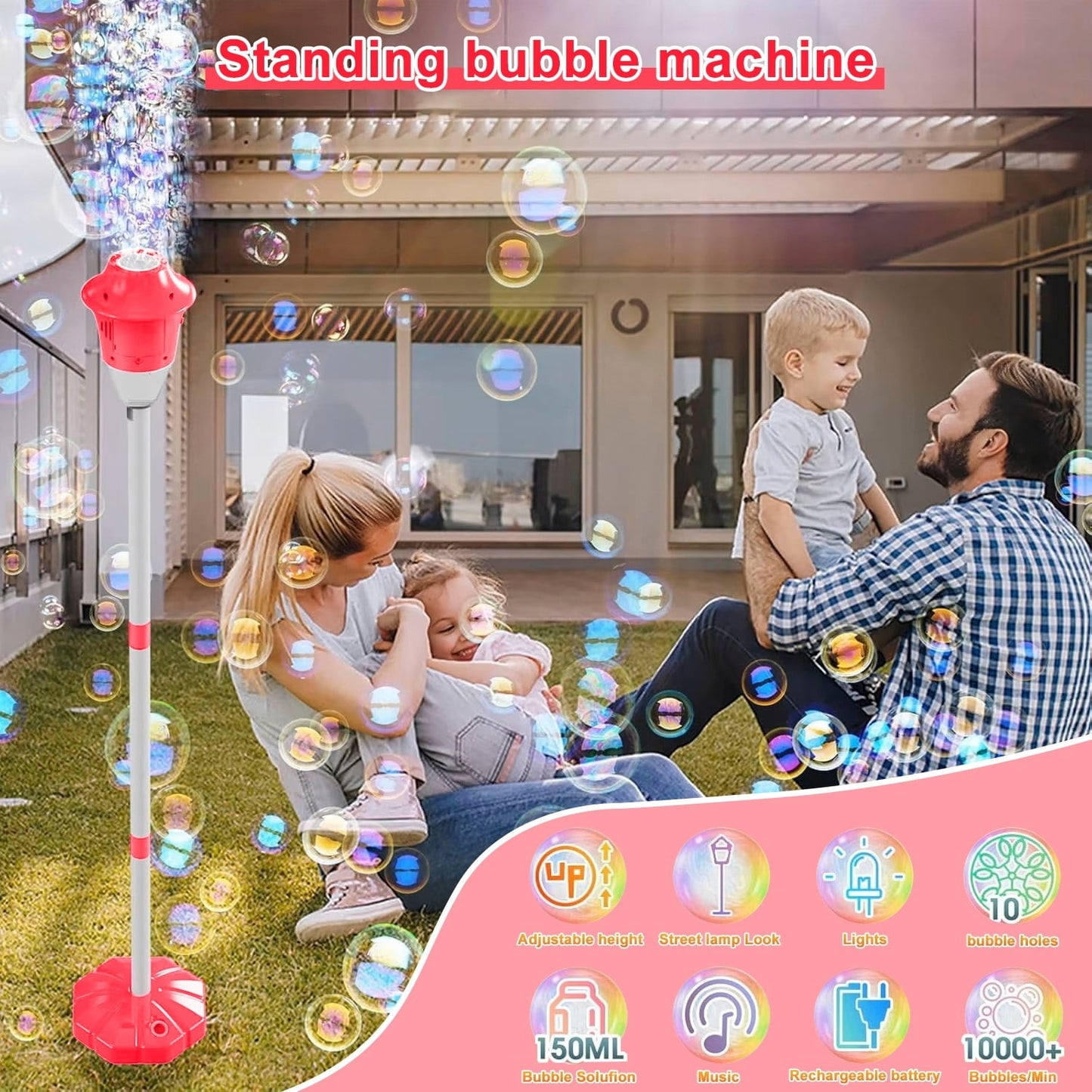 SPORTS JOY Vertical Bubble Machine with Night Light & Music, Adjustable Height Bubble Blower Maker Toys for Kids, 500 mAh Bubble Blower Machine for Wedding, Birthday, Picnic Camping Party Gift (Red)