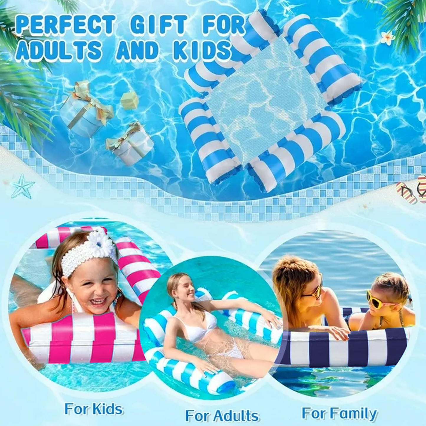 Teblint Pool Floats, Upgraded 4-in-1 Inflatable Water Hammock, Pool Toys for Adults, Portable Floating Lounger for Pool, Beach, Capacity 220 lbs, 3pcs