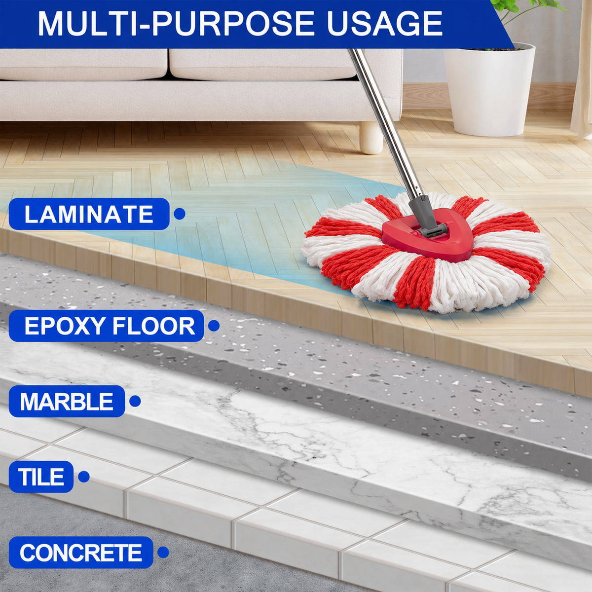 Merryhome Spin Mop Accessory,Spin Mop Replacement Heads 4 Pack with 1 Triangle Base and 58 inches Long Handle,Machine Washable