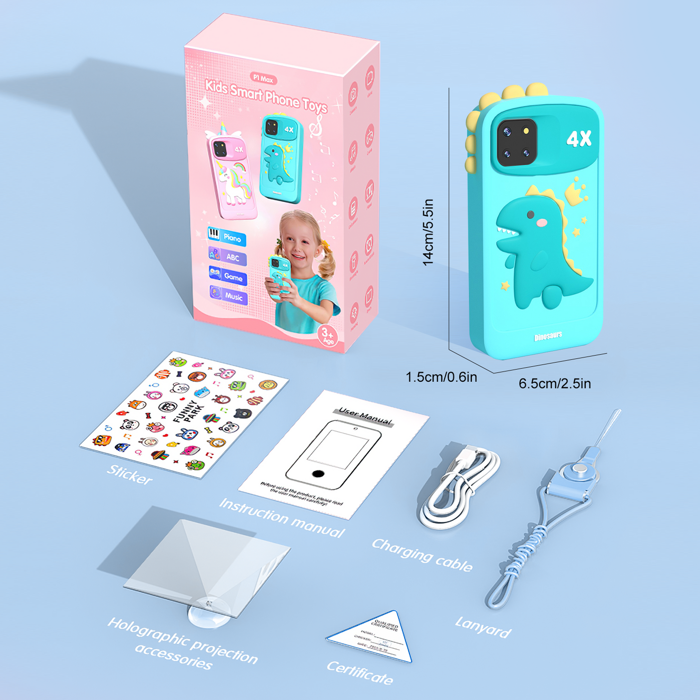 Hoofun Kids Smart Phone for Boys with 4.0" Large Touchscreen, 32G Card for Age 3-10 Kids Toys Cell Phone with Holographic Pyramid, Toddler Learning Toy, Dual Lens, Music Player