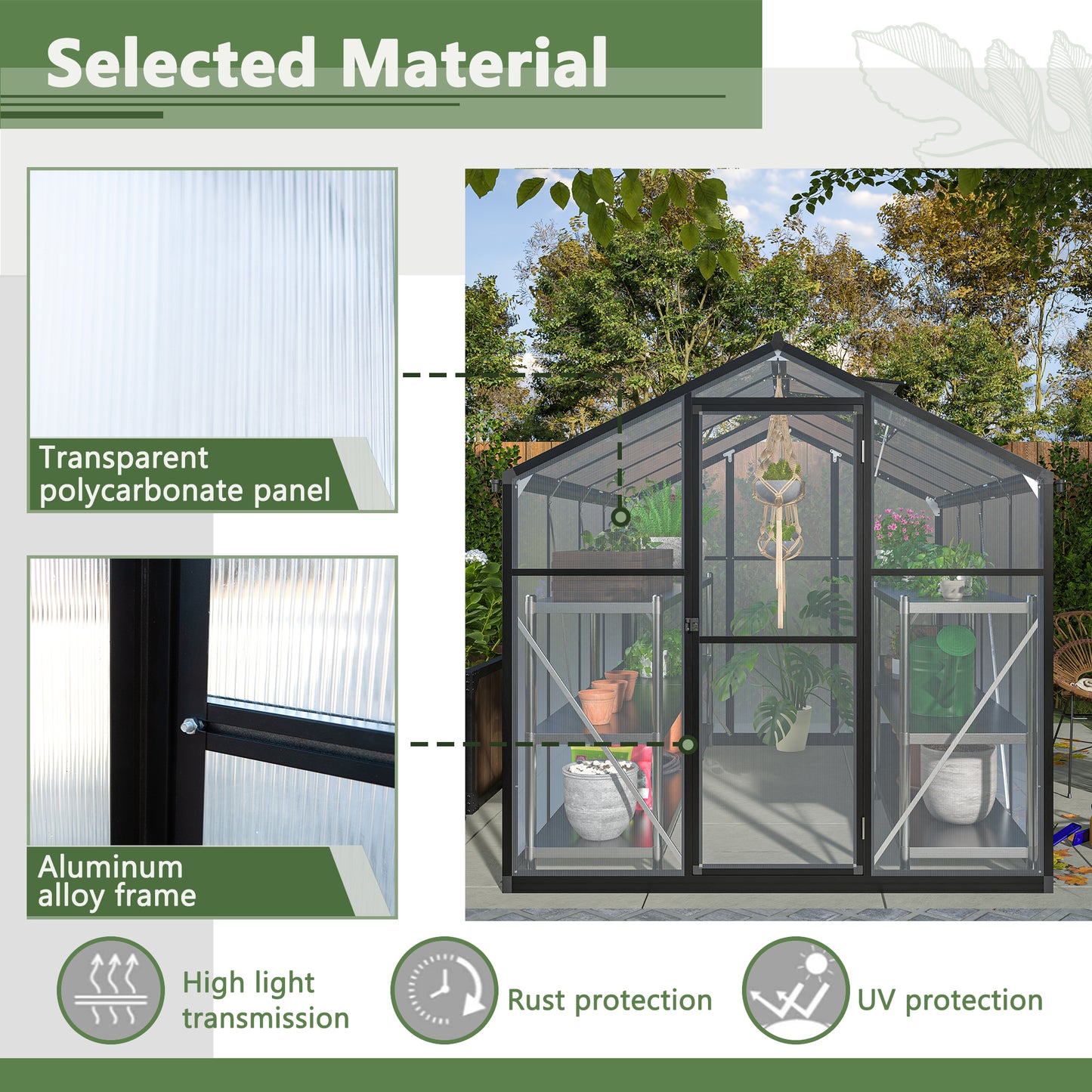 6x8 FT Greenhouse for Outdoors, Polycarbonate Greenhouse with Quick Setup Structure and Roof Vent, Aluminum Large Walk-in Greenhouse for Outside Garden Backyard, Black