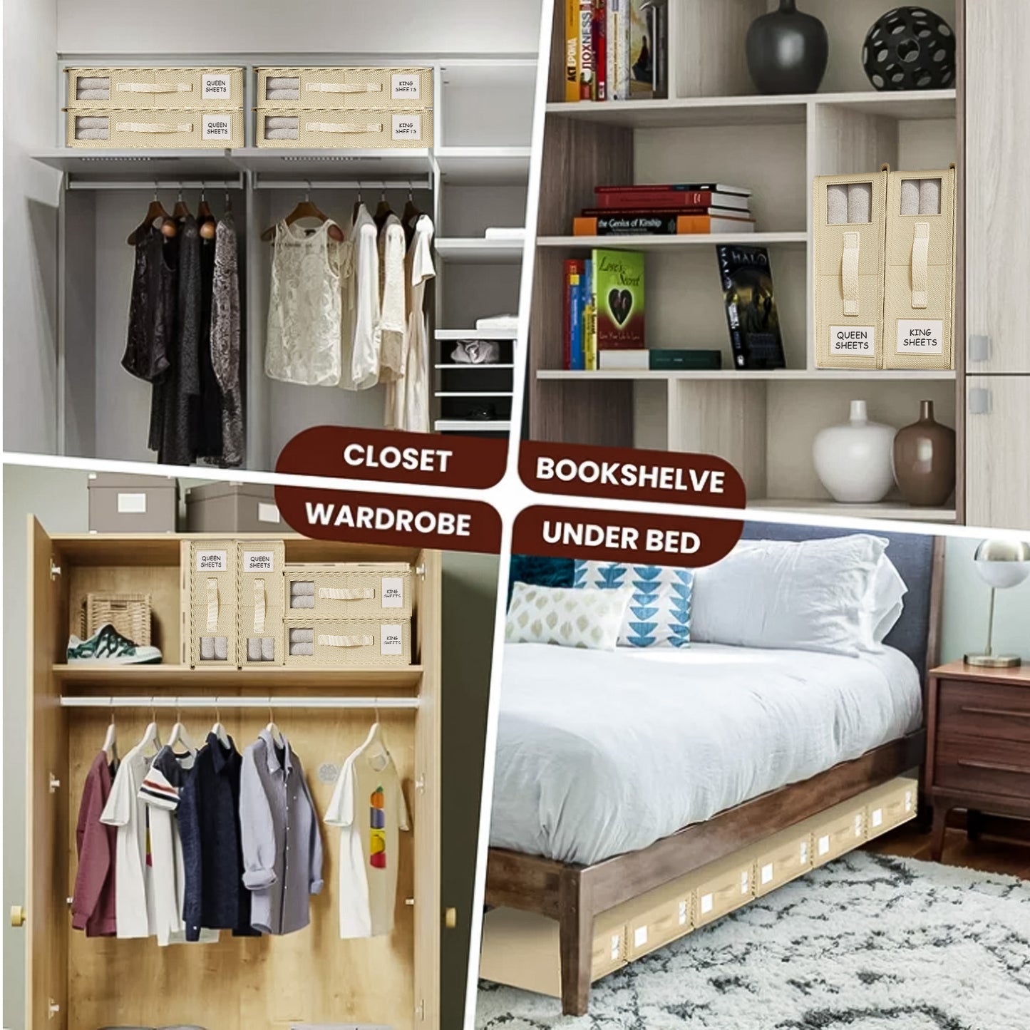 SPORTS JOY 4Pack Bed Sheet Organizer and Storage, Foldable Linen Closet Organizer and Storage with Window, Sheet Storage Organizer for Bedsheets, Blankets and Towel, Duvet Covers (Beige)