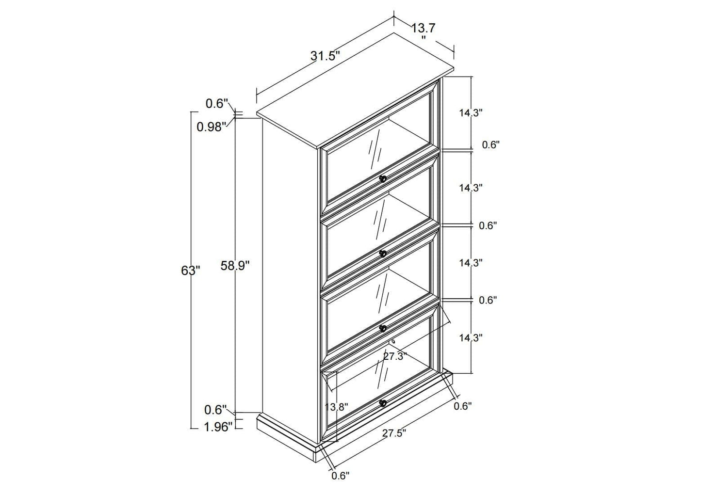 63" Tall 4-Door Glass Display Cabinet with 4 Flip-Up Doors - Freestanding Storage Bookcase in Brown, Collectors Showcase Toy Figure Organizers Rack, Perfect for Storage/Organization for Home Office