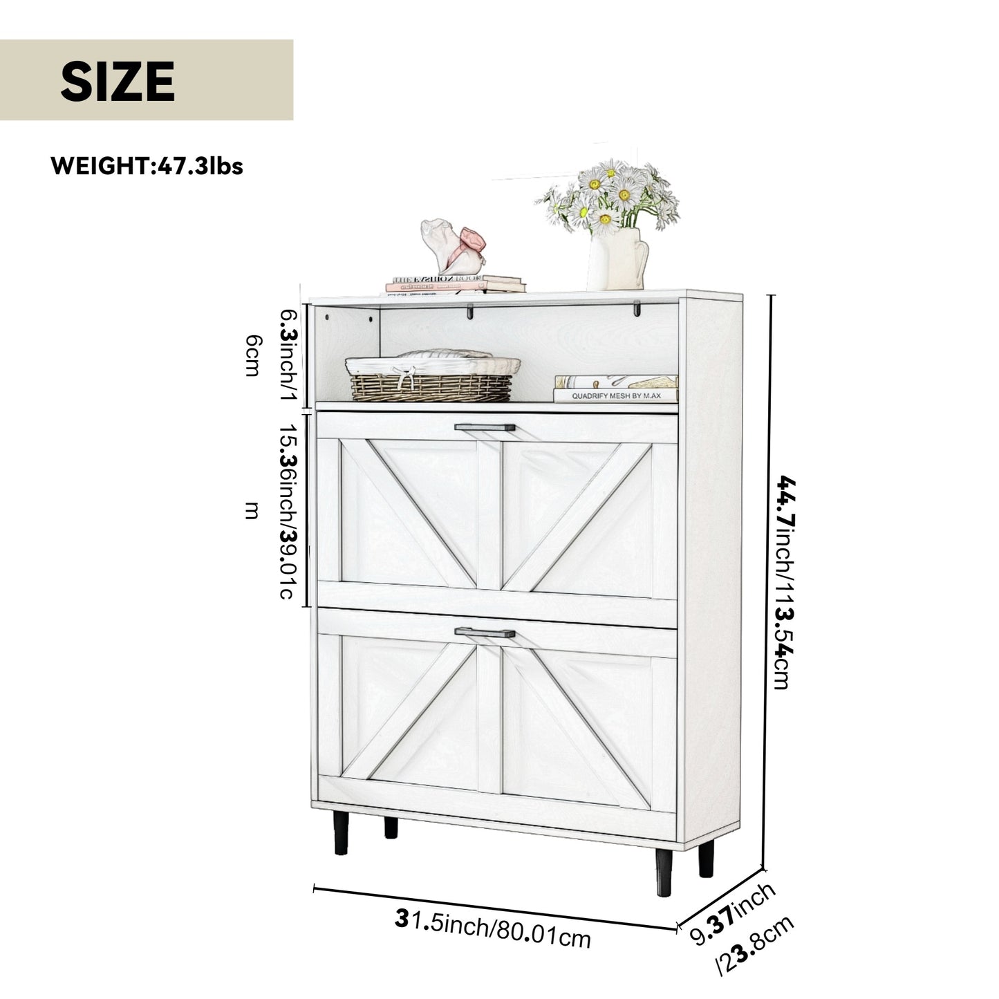 Farmhouse Shoe Storage Cabinet with Barn Door Design, Shoe Organizer with 2 Flip Drawers, Freestanding Narrow Shoe Rack Cabinet with Open Storage for Entryway,Foyer,Hallway (Antique White)