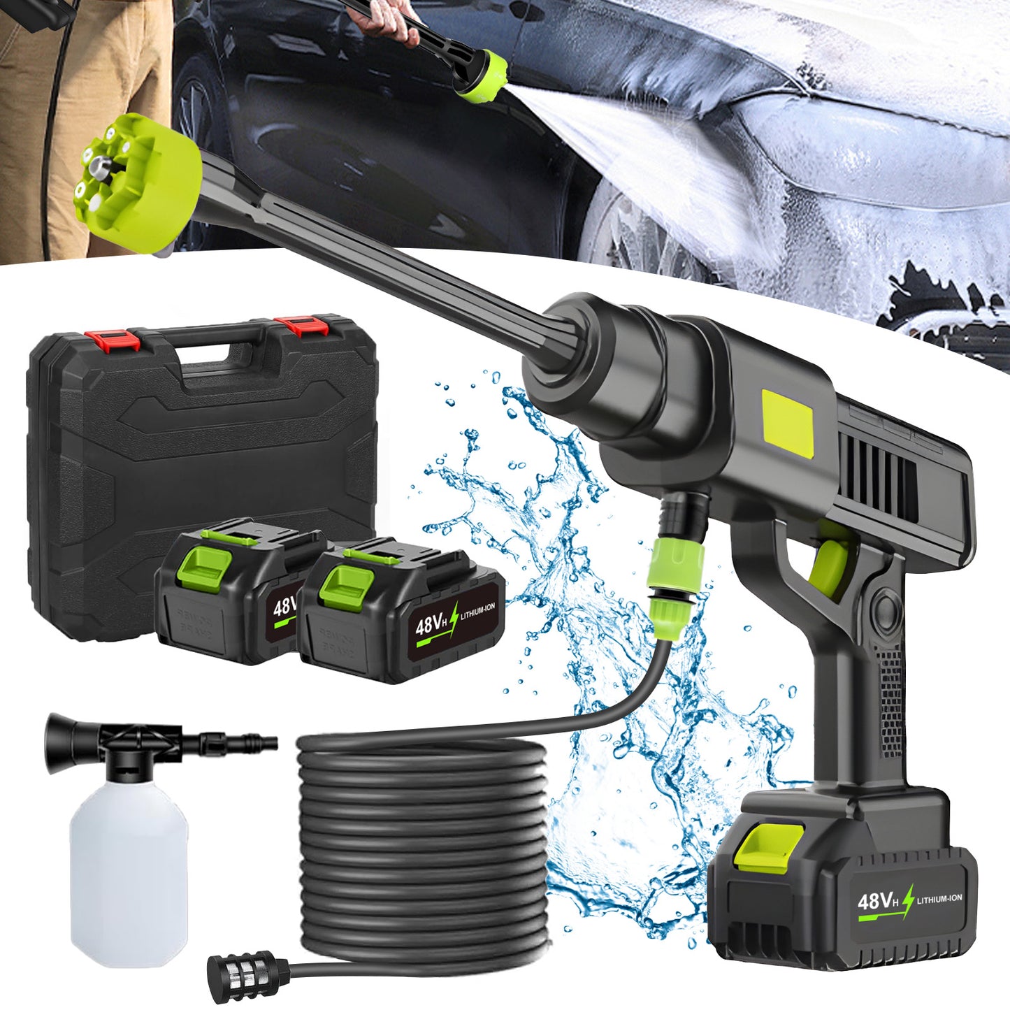 Cordless Pressure Washer,Portable Battery Power Washer,Electric Car Pressure Washer Handheld with 6-in-1 Nozzle,2x 48VH Battery,Small Power Car Cleaner for Floor Garden Fence Depot