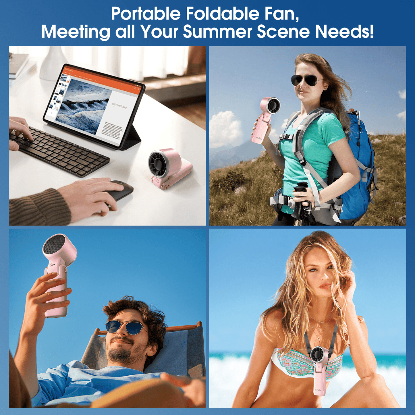 Kidsjoy Portable Handheld Fan, 4000mAh Adjustable Mini Fan, 5 Speed Bladeless Fan, 3 in 1 Hand Fan with Air Turbo Tech Cooling Fan for Outdoor Activities, Travel, Working (Pink)