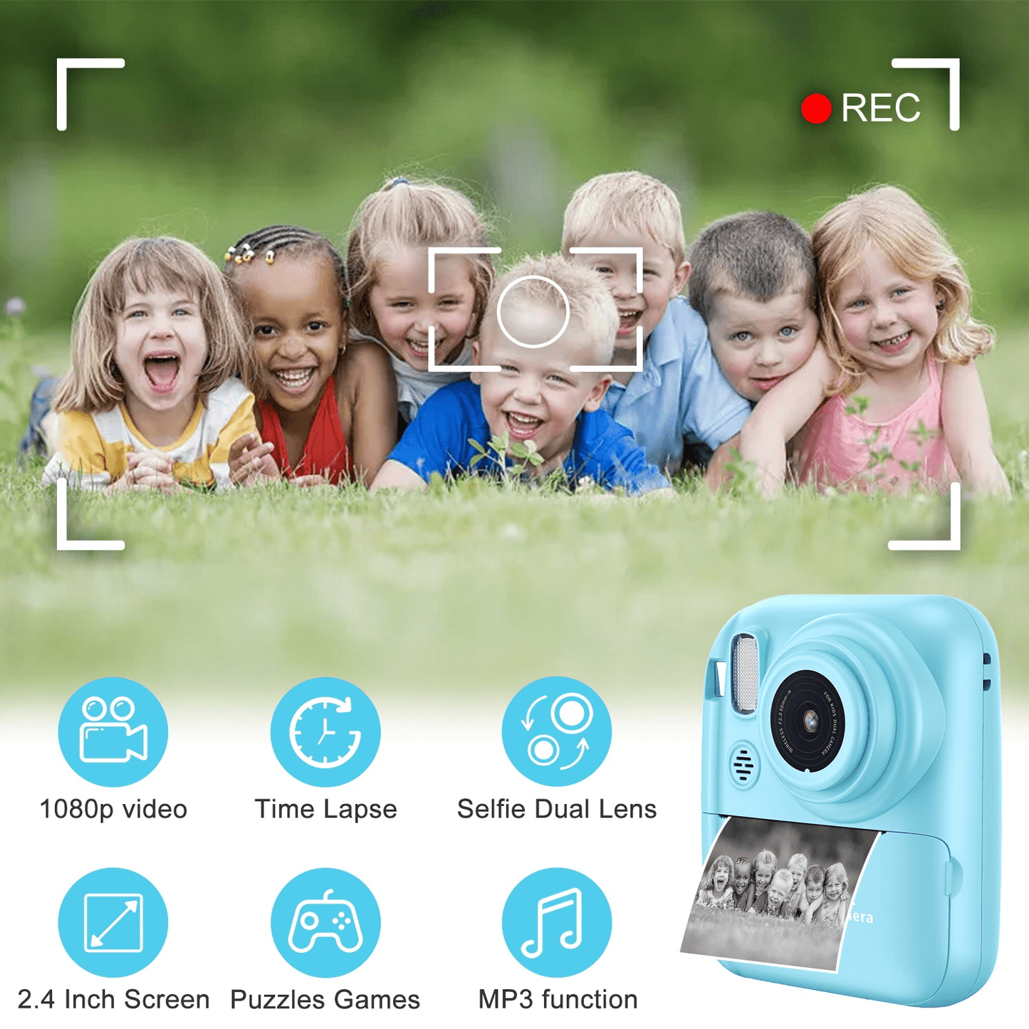 Kids Camera Instant Print - 1080P Digital Video Instant Camera for Kids, Christmas Birthday Gifts for Girls Boys Age 3-12, Toddler Cameras with 3 Rolls No Ink Print Paper(Blue)
