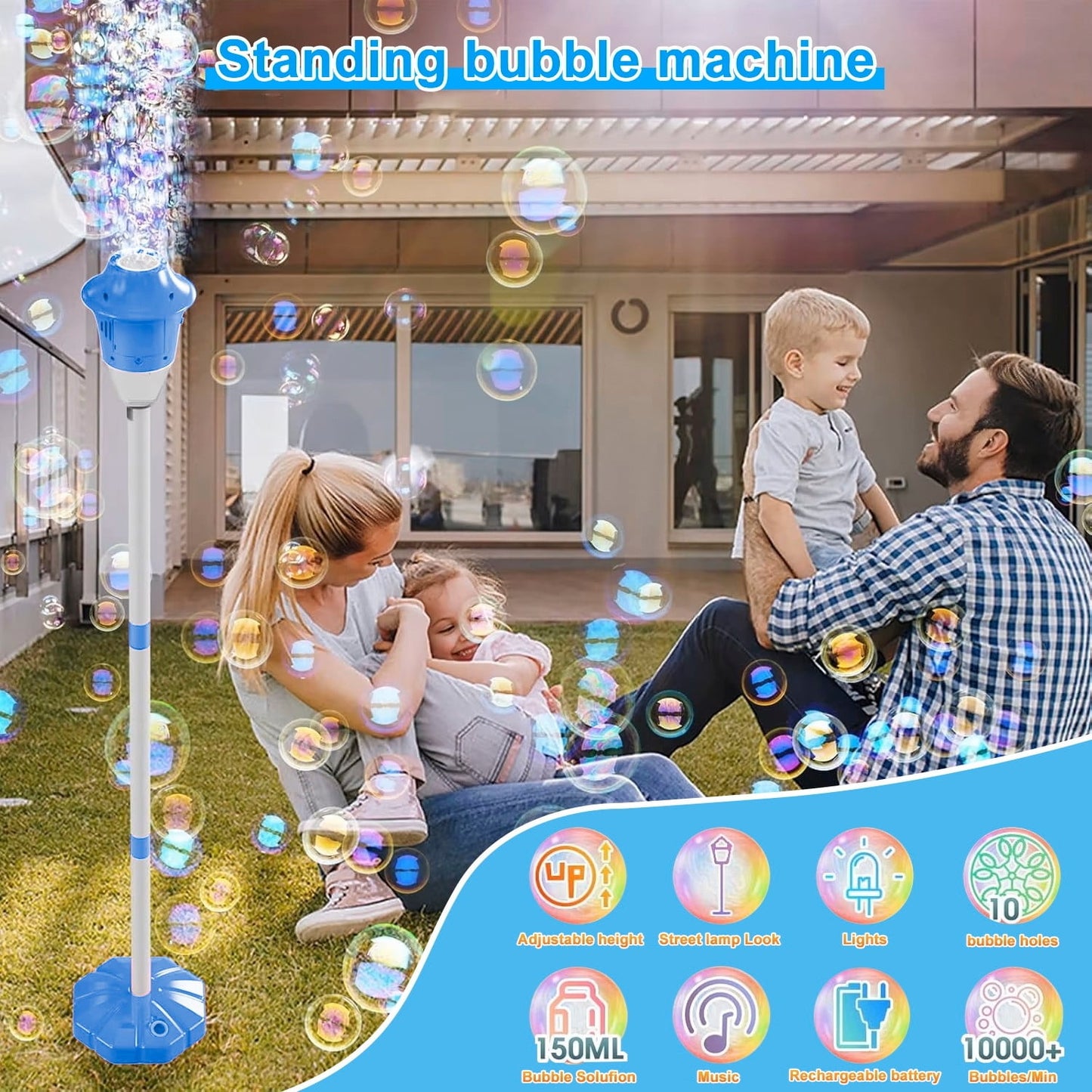 Automatic Bubble Machine for Kids Adjustable Height Standing Garden Bubble Maker with Light/Music Battery Operated Outdoor Summer Toys for Wedding/Party/Birthday Gift