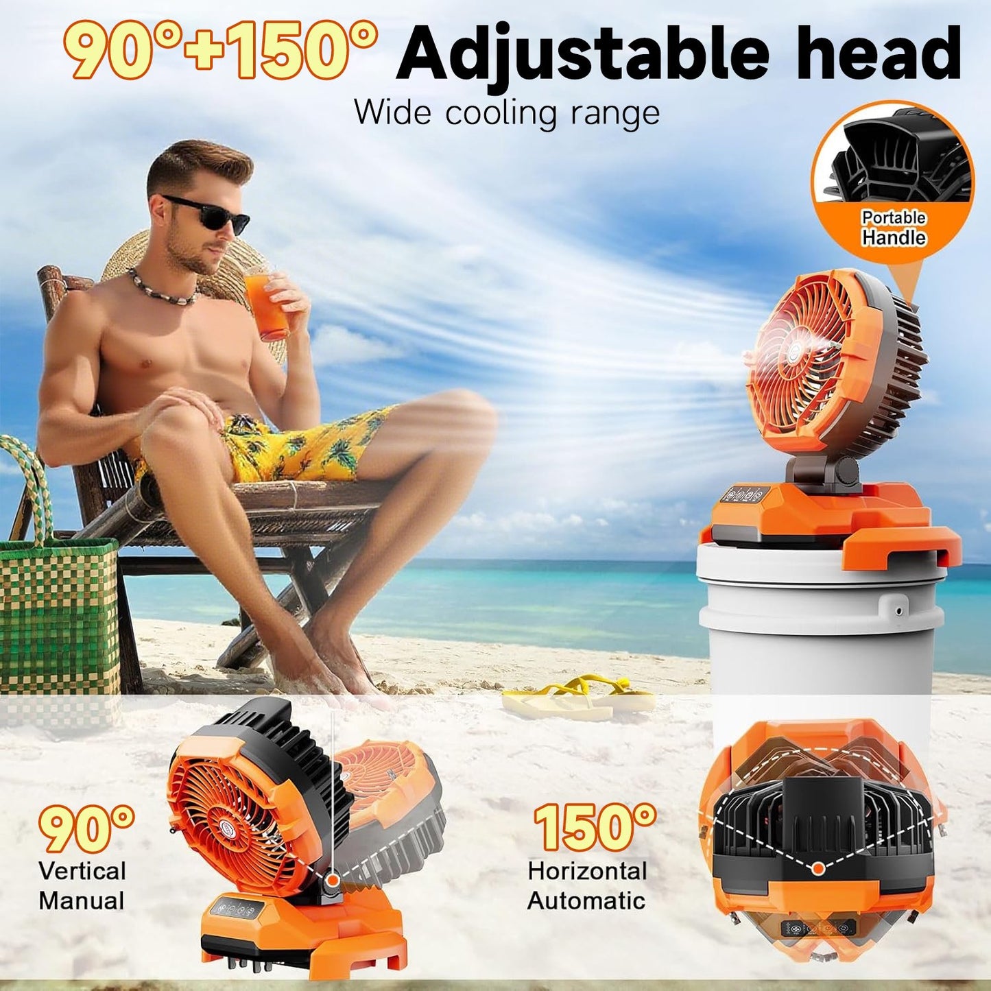 Portable Misting Fan - 30000mAh Battery Powered, 4-Speed Cooling Fan with Adjustable Spray, 120° Oscillation for Camping, Patio, Adjustable Base for 10-13in Water Tank(No Bucket Included)