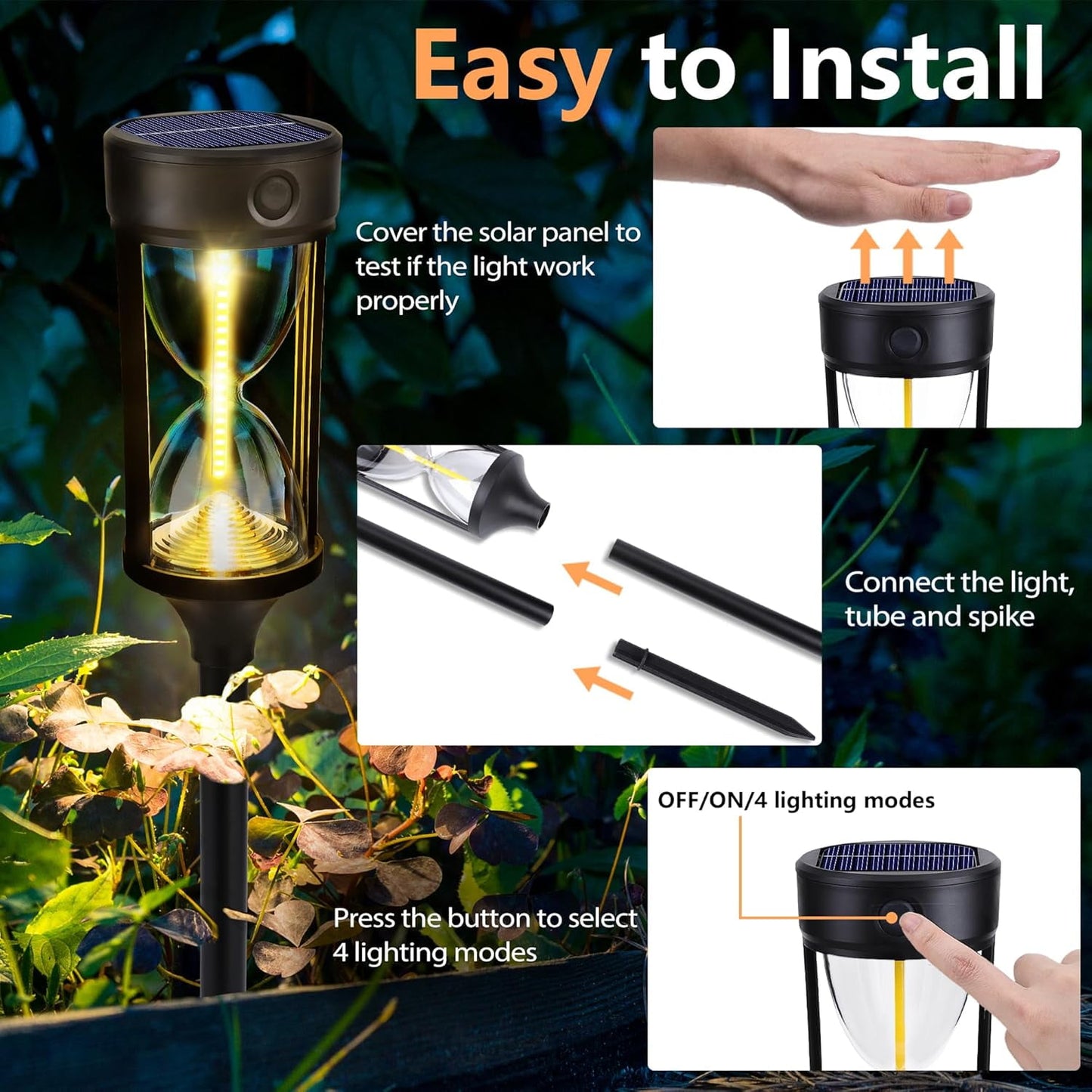 Kidsjoy 4 Pack Solar Pathway Lights Outdoor, Hourglass Design Solar Lights Waterproof, Auto On/Off Warm LED Garden Lights for Walkway, Yard, Patio, Lawn Decor