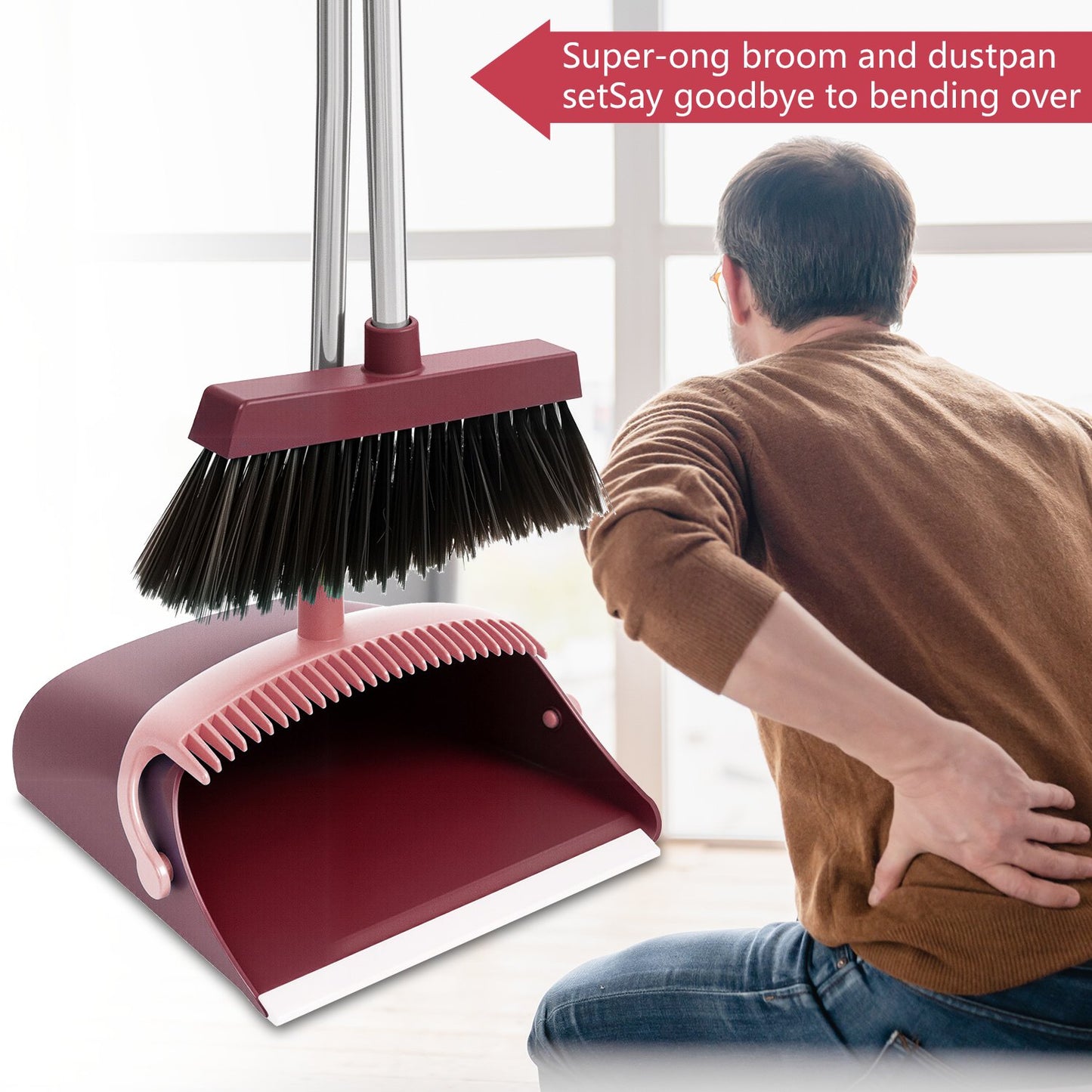 Broom and Dustpan Set with Self-Cleaning Teeth, Adjustable 51.2-inch Handle, Upright Dustpan, Durable Bristles – Purple Cleaning Kit for Home, Kitchen, Office & Pet Hair