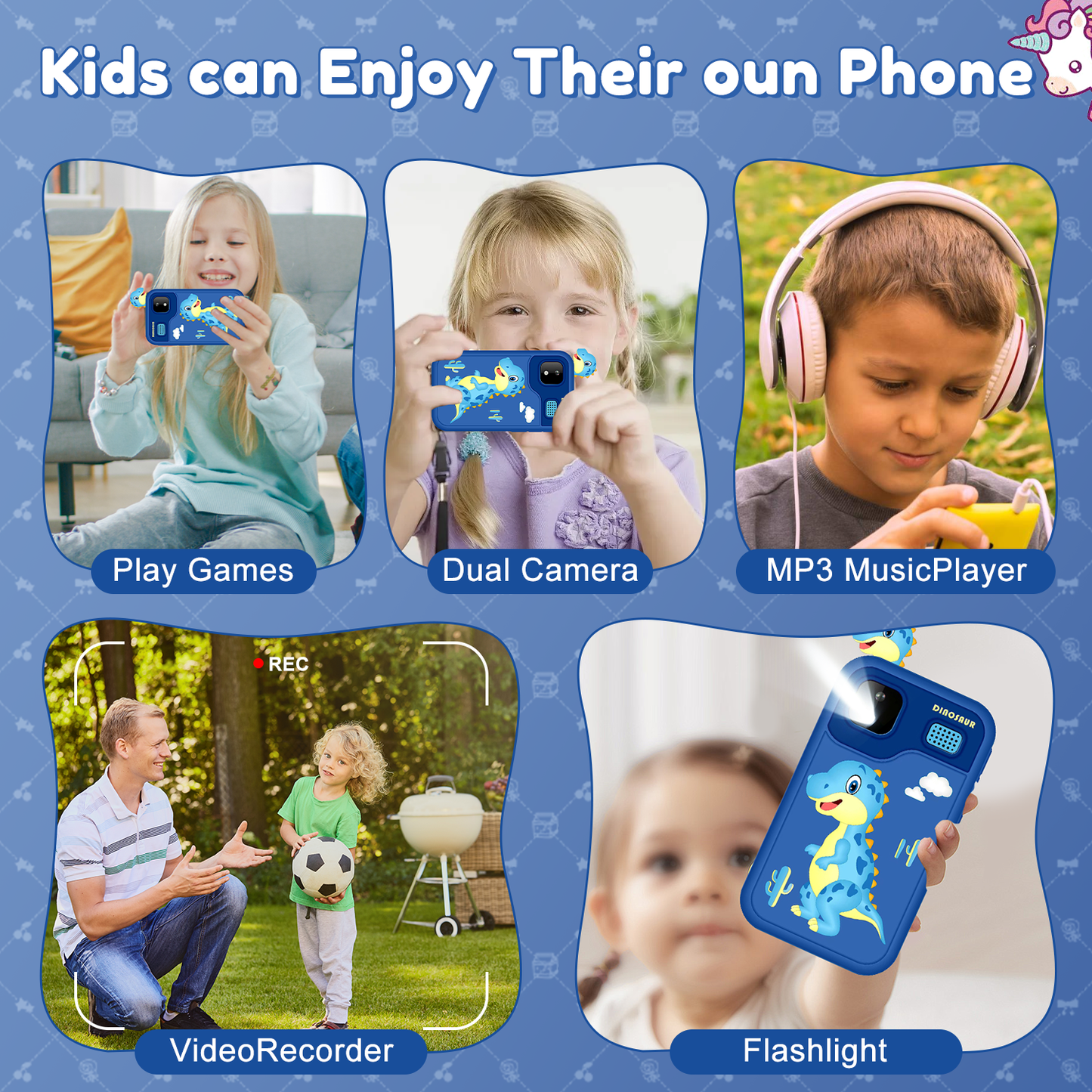 WHATOOK Kids Smart Phone Toys, Touchscreen HD Dual Camera Cell Phone for Kids, Christmas Birthday Gifts Dinosaur Toddler Play Phone for Boys 3-10, Travel Toy Preschool Learning Toy for Kids Blue