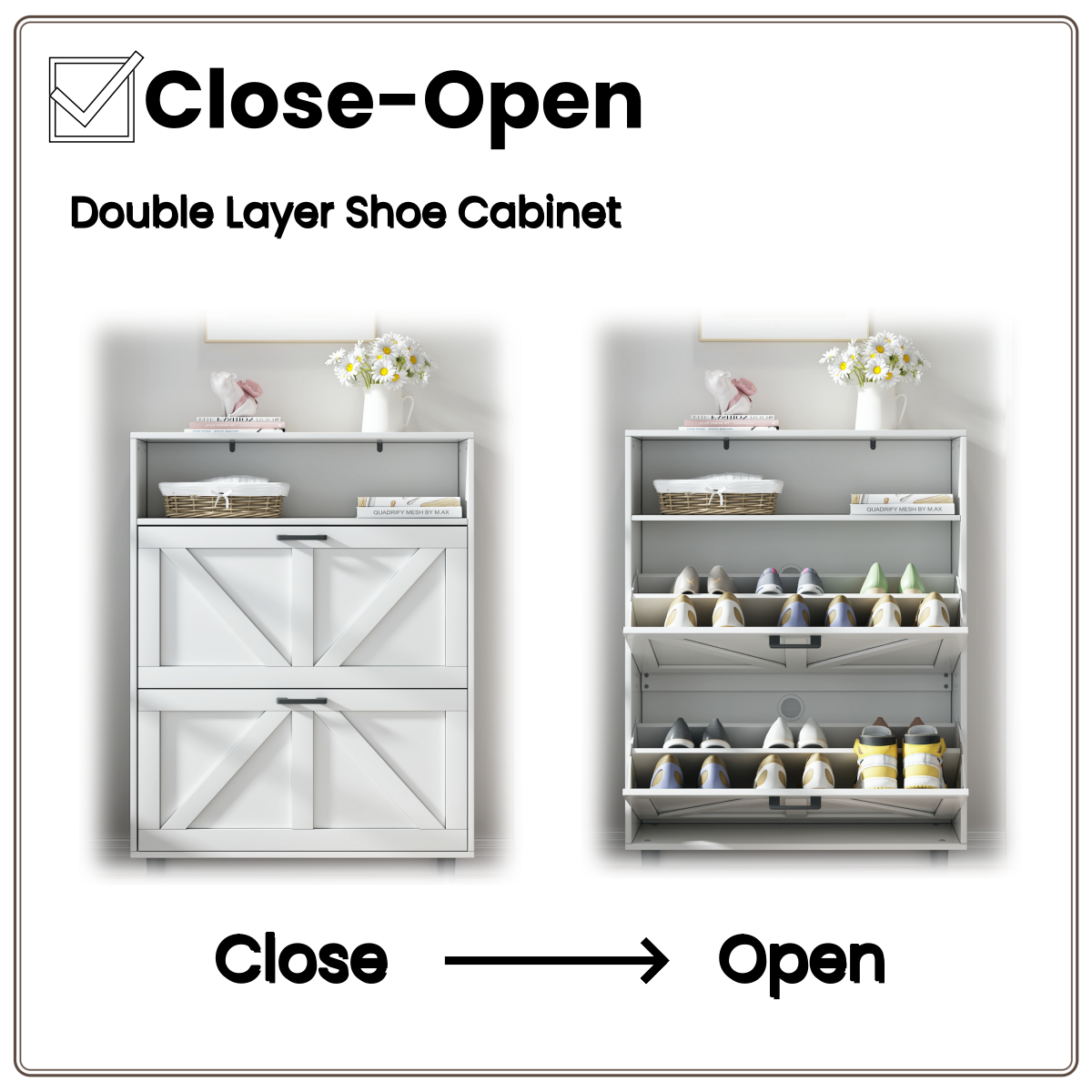 Farmhouse Shoe Storage Cabinet with Barn Door Design, Shoe Organizer with 2 Flip Drawers, Freestanding Narrow Shoe Rack Cabinet with Open Storage for Entryway,Foyer,Hallway (Antique White)
