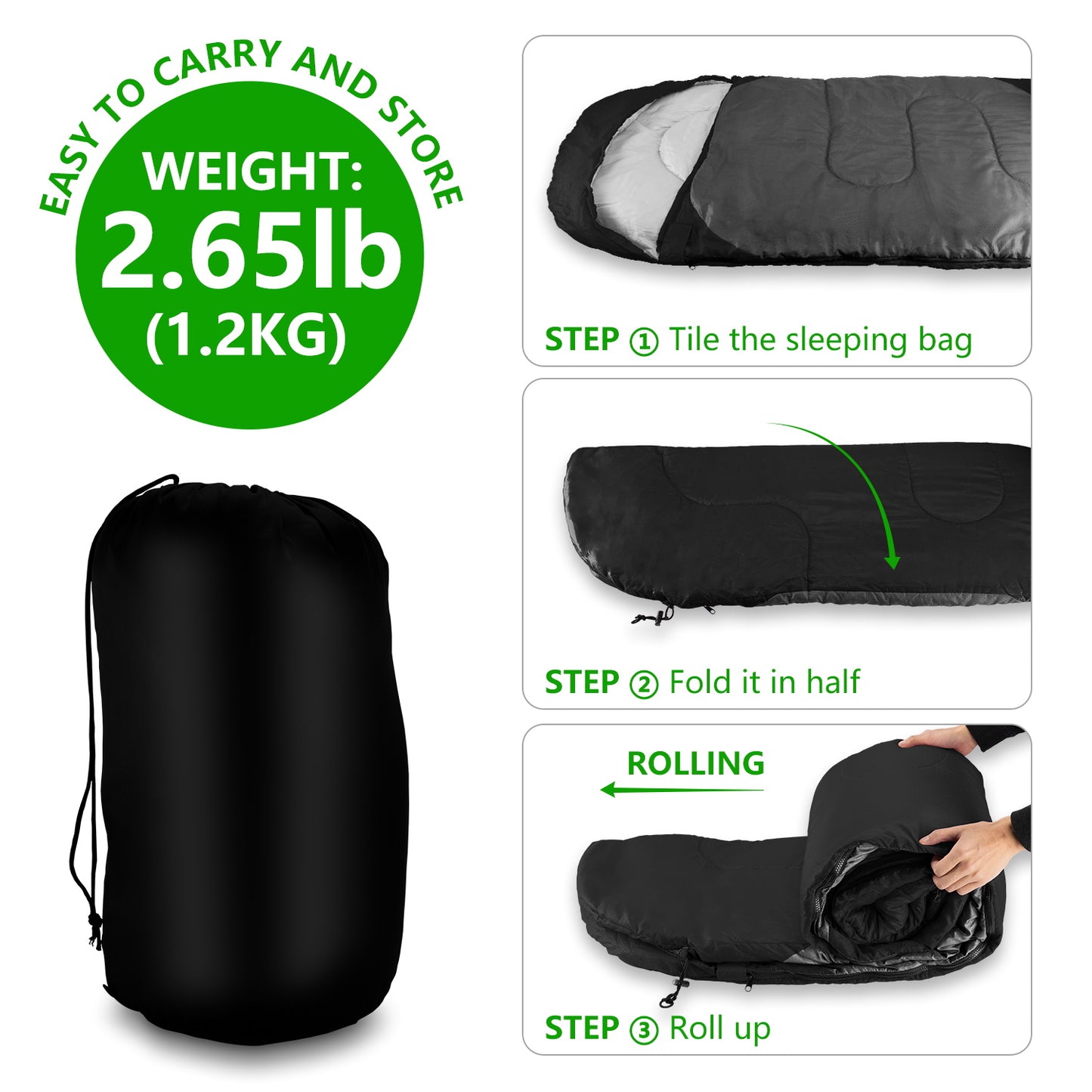 Teblint Camping Sleeping Bag for Adults Kids, Cold Weather Warm Sleeping Bag with Compression Bag for 3 Seasons, Compact Camping Essentials Gear Accessories Hiking Sleep Must Haves-Black