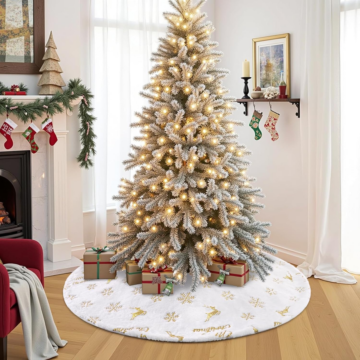 PUCACHI 48in Christmas Tree Skirt,White Faux Fur Christmas Tree Skirt with Gold Sequin Snowflakes & Deers,Large Plush Tree Skirts for Xmas Holiday Party Decorations