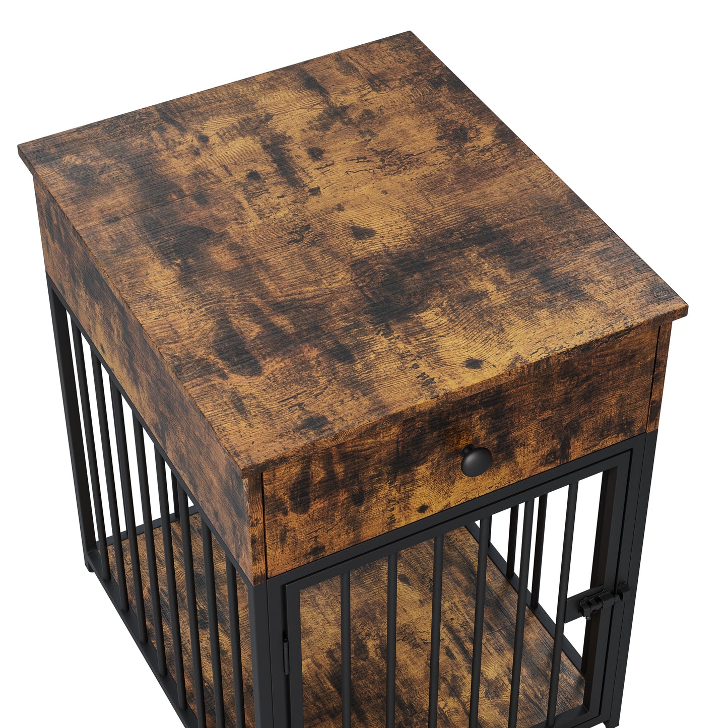 Wooden Dog Kennel End Table, Decorative Dog Cage Table with Drawer, Indoor Pet Crate End Table for Small Dog, Iron-Tube Dog Cage, Chew-Proof, Walnut