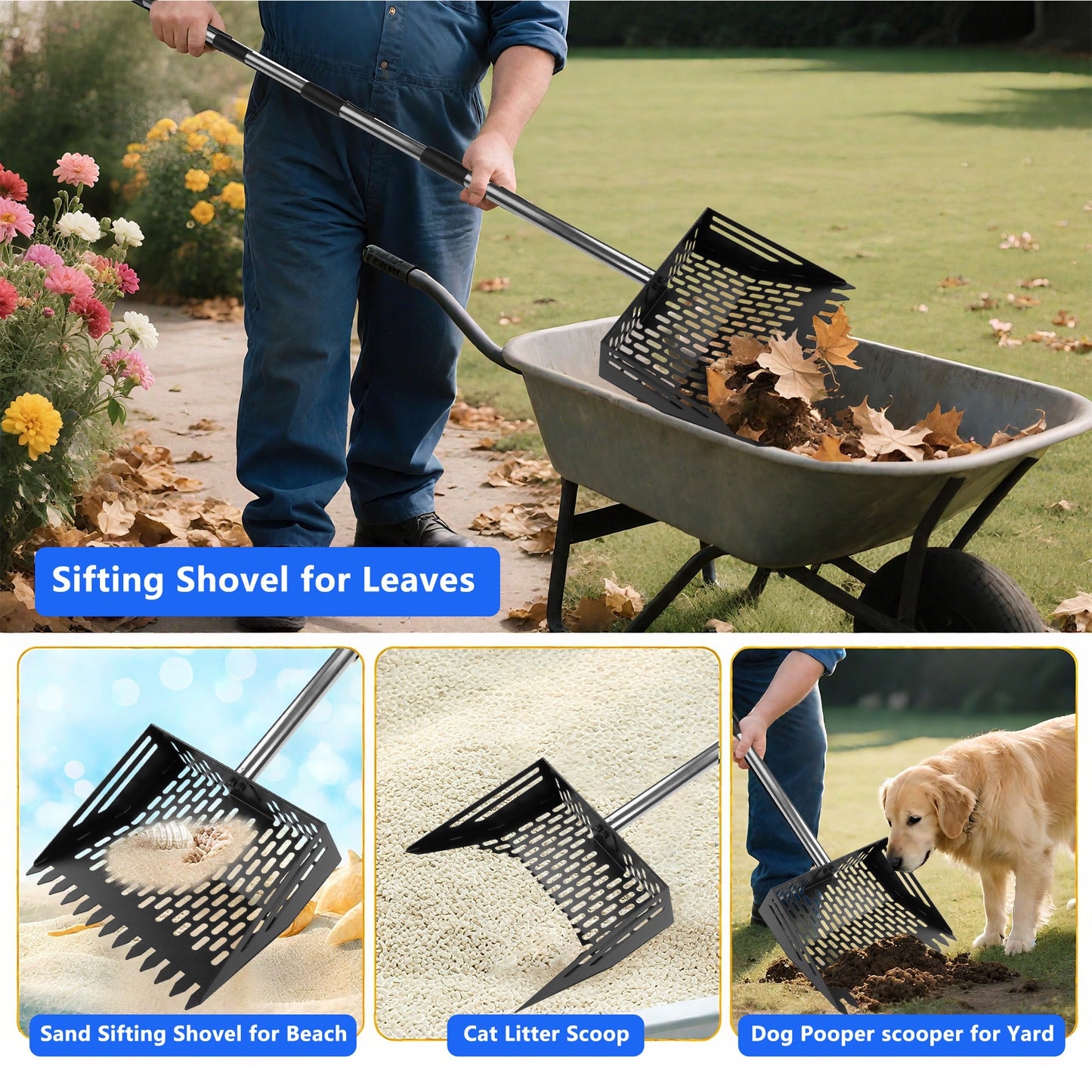 Metal Chicken Poop Scooper, 24 to 68" Long Chicken Coop Litter Scoop with Stainless Steel Handle, 4 in 1 Multifunctional Heavy Duty Litter Sifting Shovel Chicken Coop Accessories