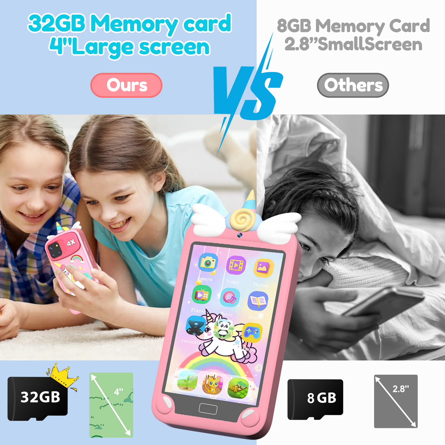 Hoofun Kids Smart Phone for Girls with 4.0" Large Touchscreen, 32G Card Christmas Birthday Gifts for Age 3-10 Kid Toys Cell Phone with Holographic Pyramid, Dual Lens, Music Player Pink
