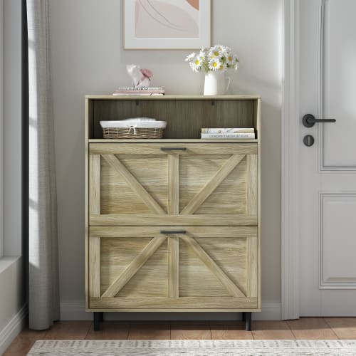 Farmhouse Shoe Storage Cabinet with Barn Door Design, Shoe Organizer with 2 Flip Drawers, Freestanding Narrow Shoe Rack Cabinet with Open Storage for Entryway,Foyer,Hallway (Natural)
