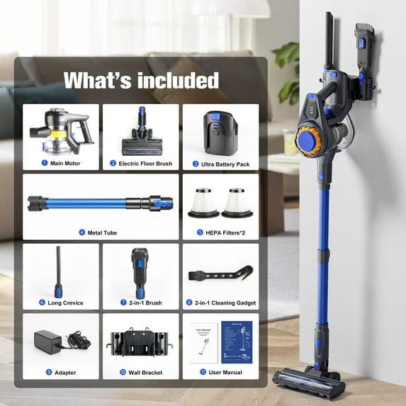Cordless Vacuum Cleaner, 50mins Runtime, Powerful Stick Vacuum 6*2600mah Rechargeable Cordless Vacuum for Carpet, Tile, Pet Hair, Hardwood Floors, Blue