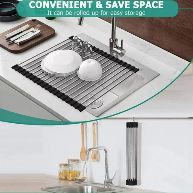 Roll-Up Dish Drying Rack on the Sink, 20in*14in Foldable Dish Drainer with Rolling Heat-Resistant & Anti-Slip Silicone Coated